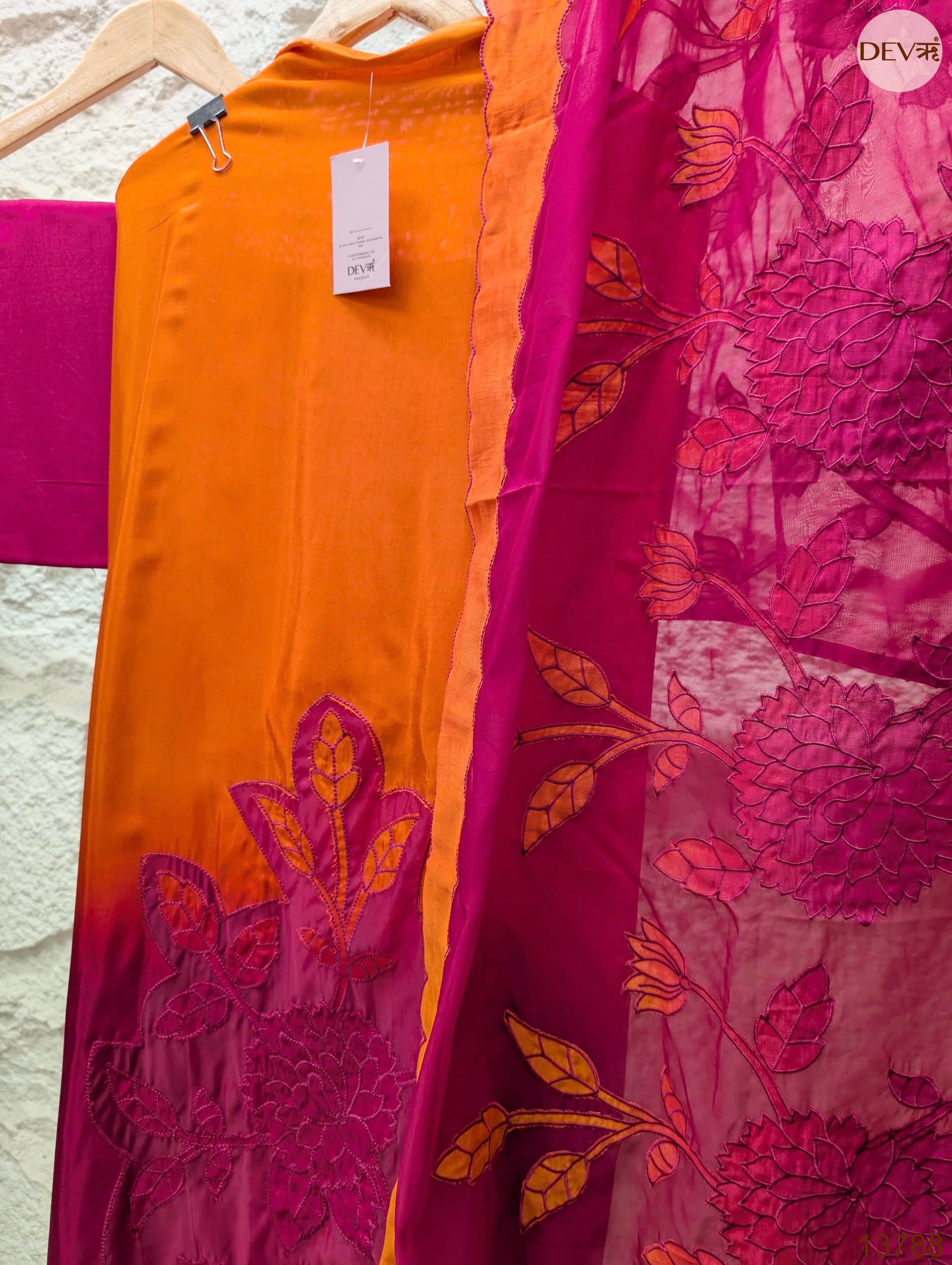 Orange Muslin Embroidered Unstitched 3-Piece Suit (Devri – D.No 13788)