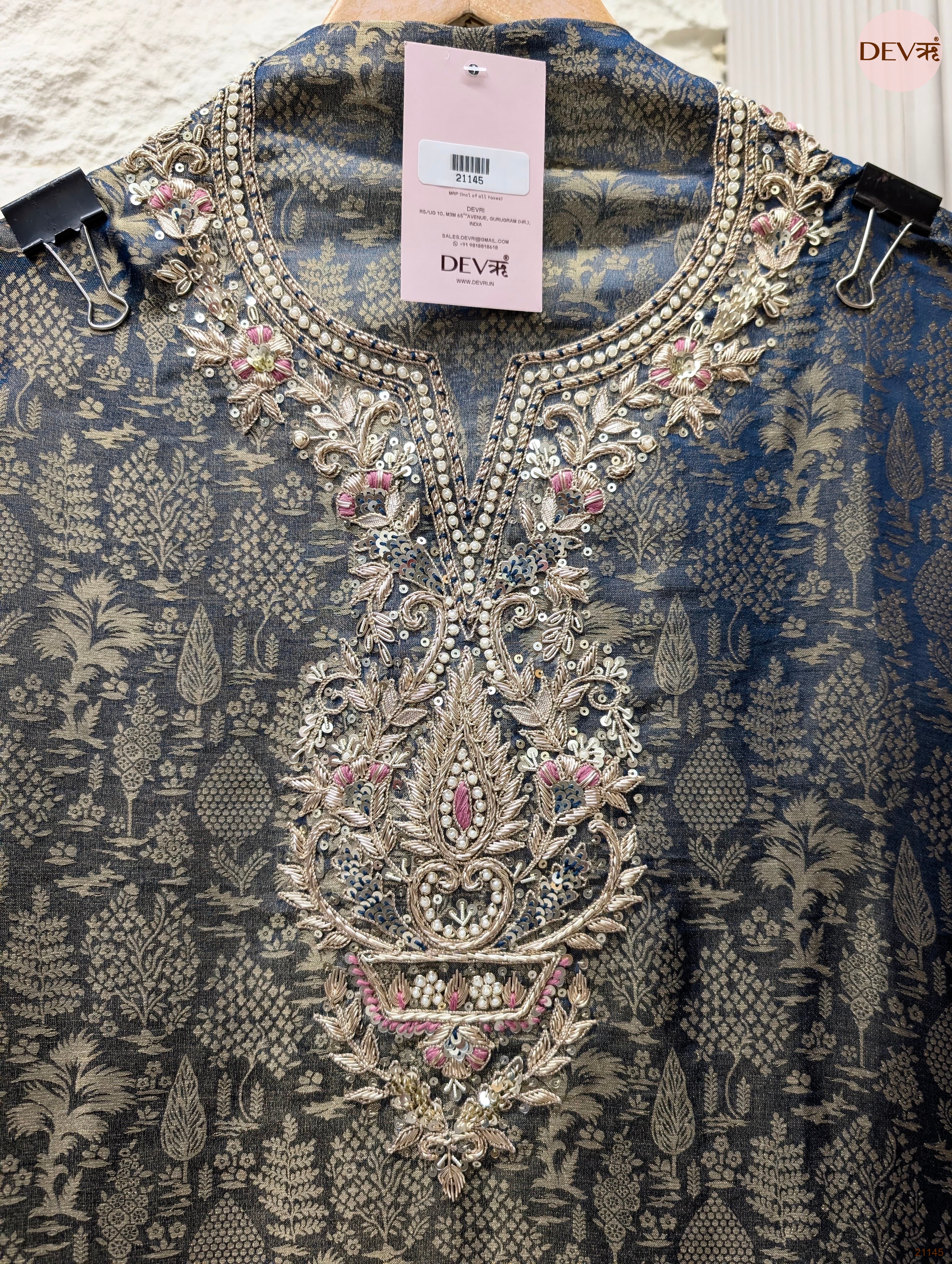 Blue Pure Banarasi Woven Silk Embroidered Unstitched 3-Piece Suit (Devri – D.No 21145)