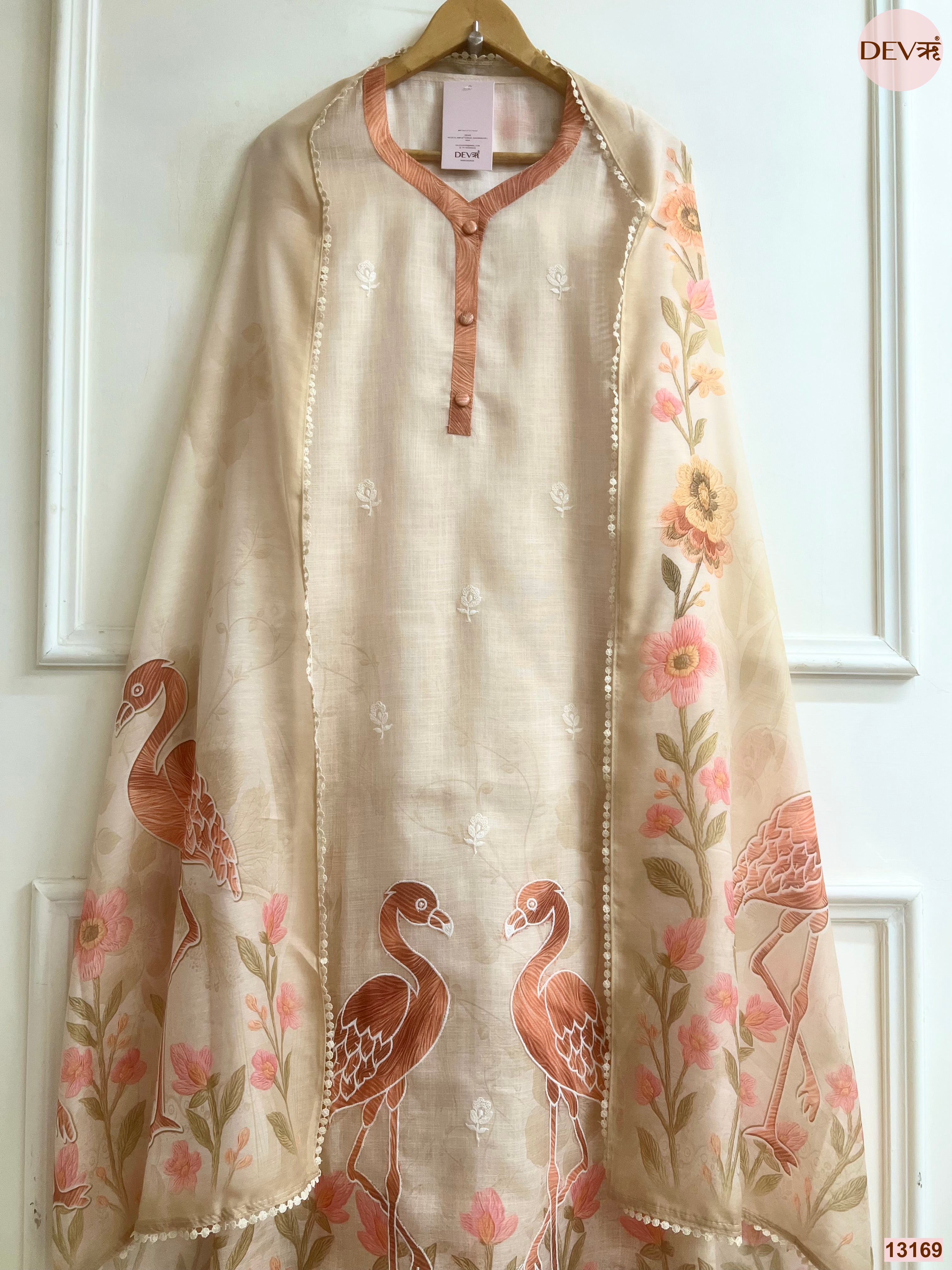 Beige Linen Cotton Printed Unstitched 3-Piece Suit (Devri – D.No 13169)