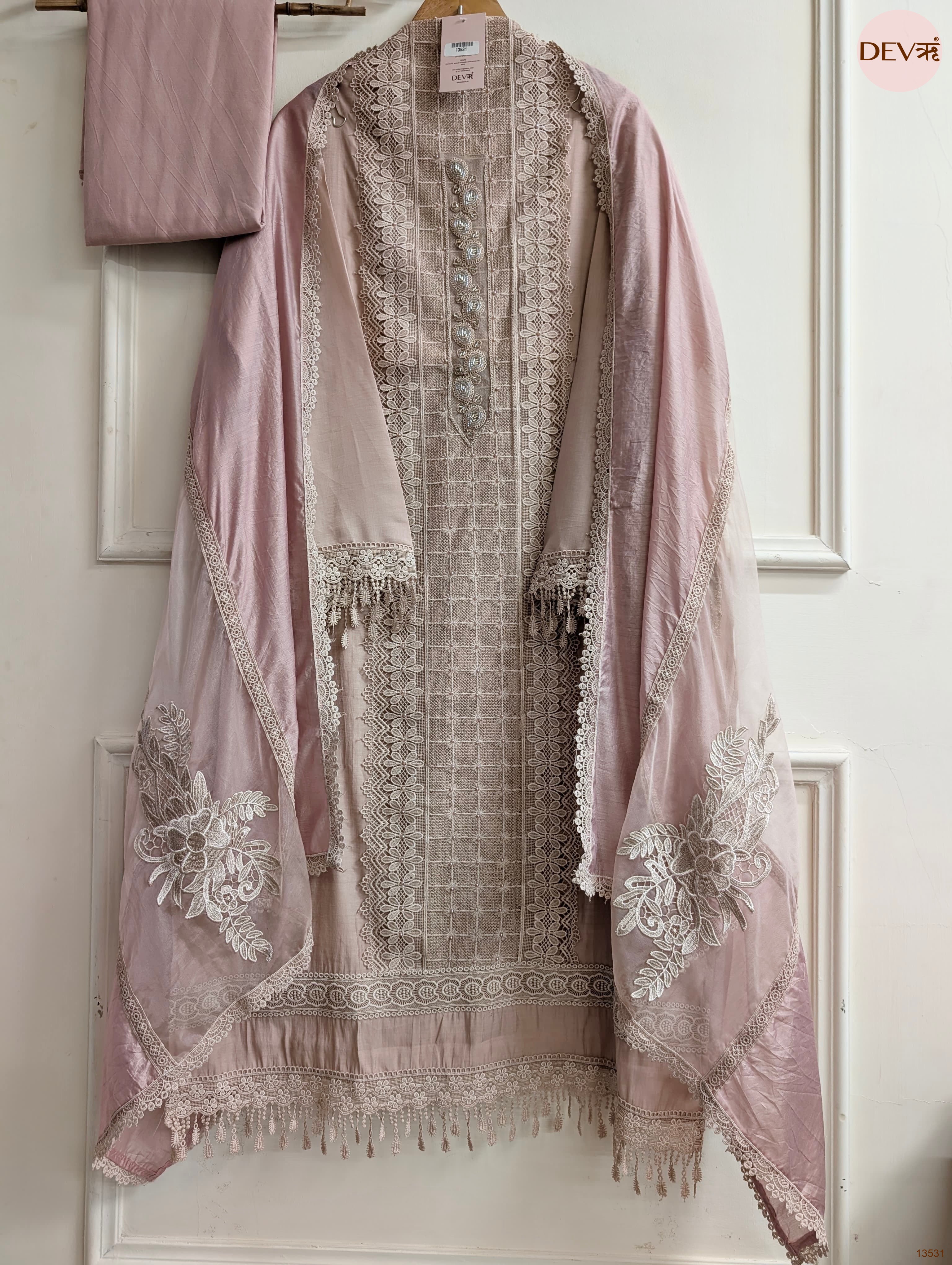 Pink Modal Silk Embroidered Unstitched 3-Piece Suit (Devri – D.No 13531)
