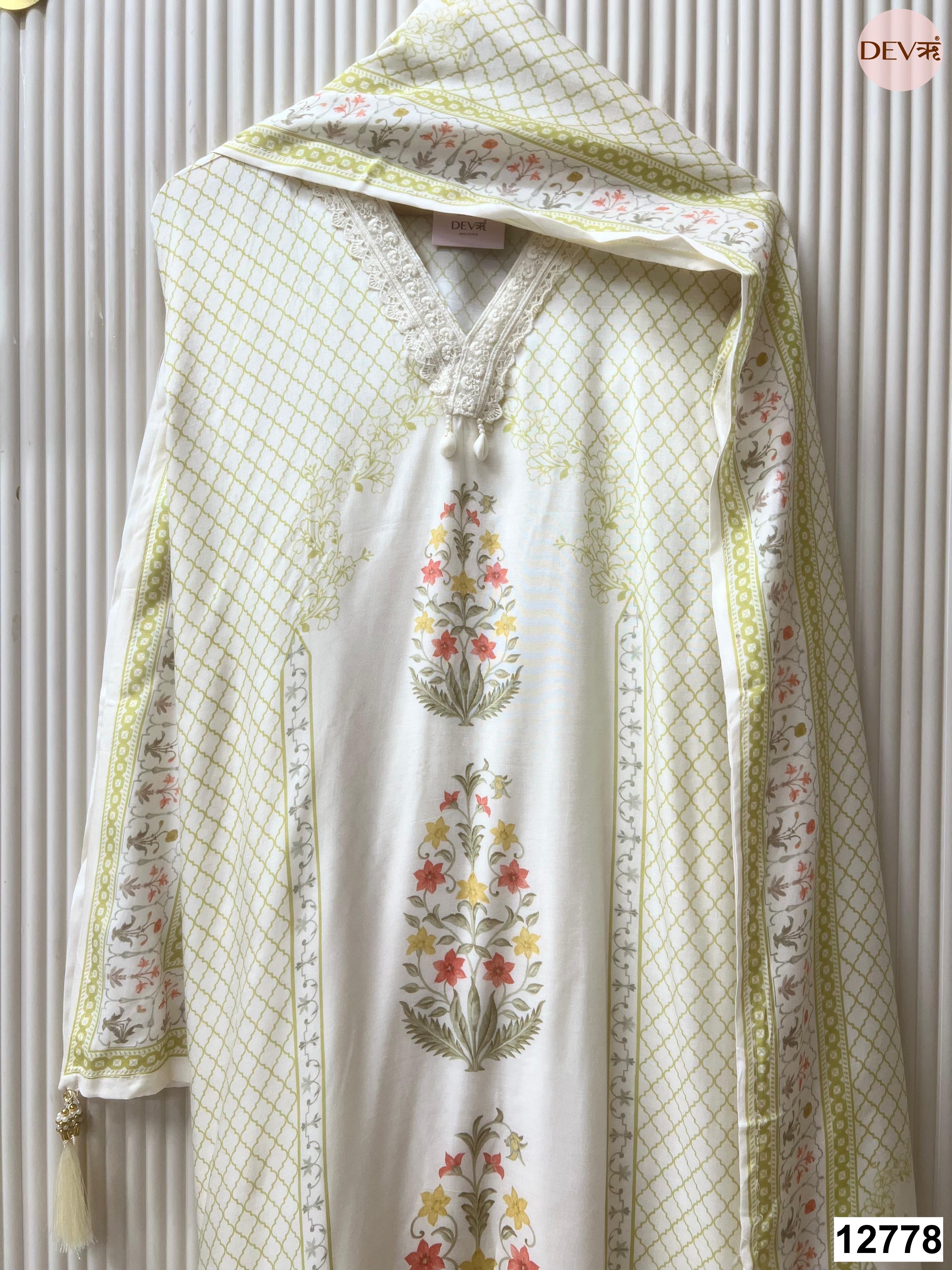 White Muslin Printed Unstitched 3-Piece Suit (Devri – D.No 12778)