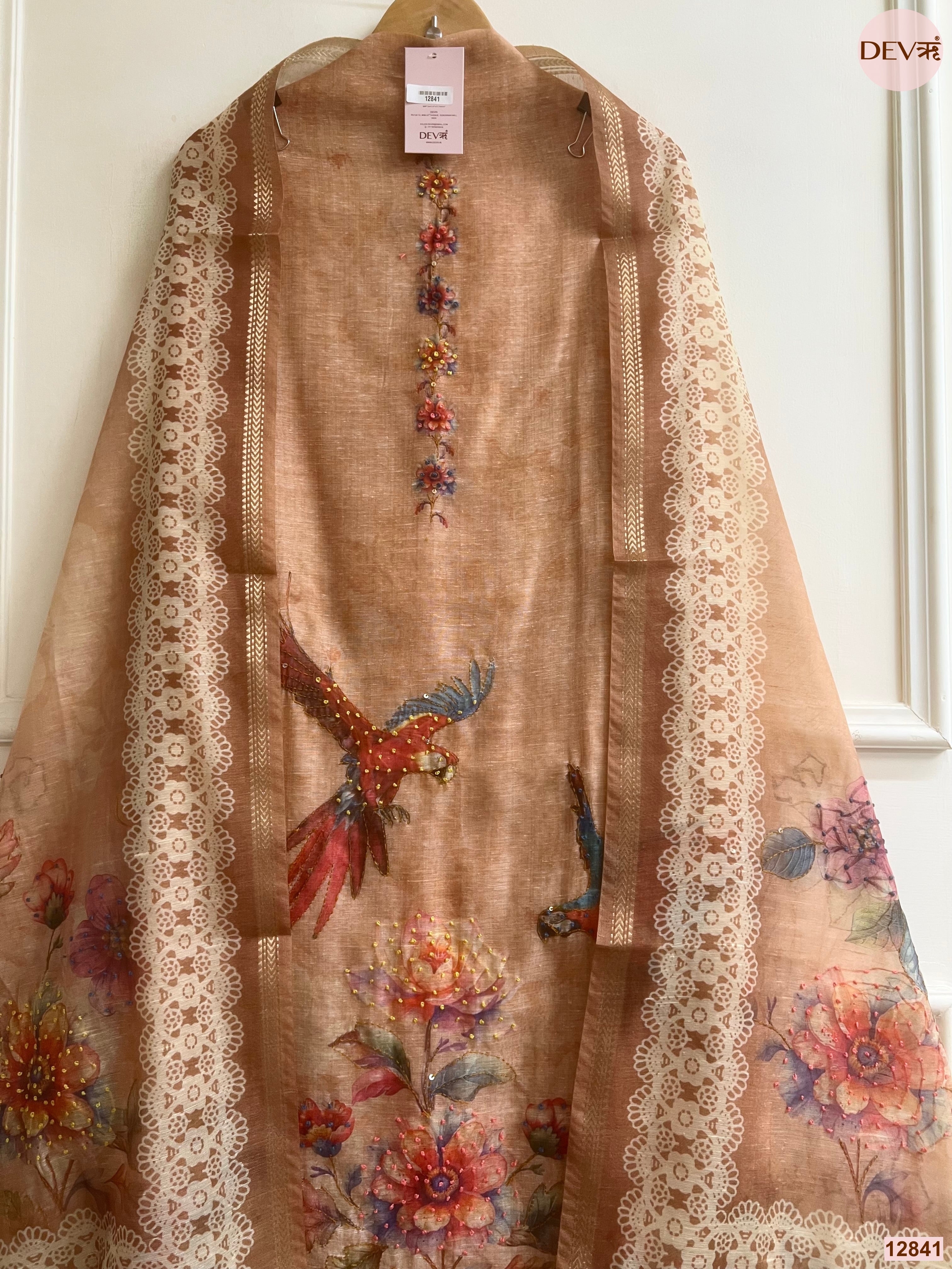 Peach Mul Chanderi Printed Unstitched 3-Piece Suit (Devri – D.No 12841)