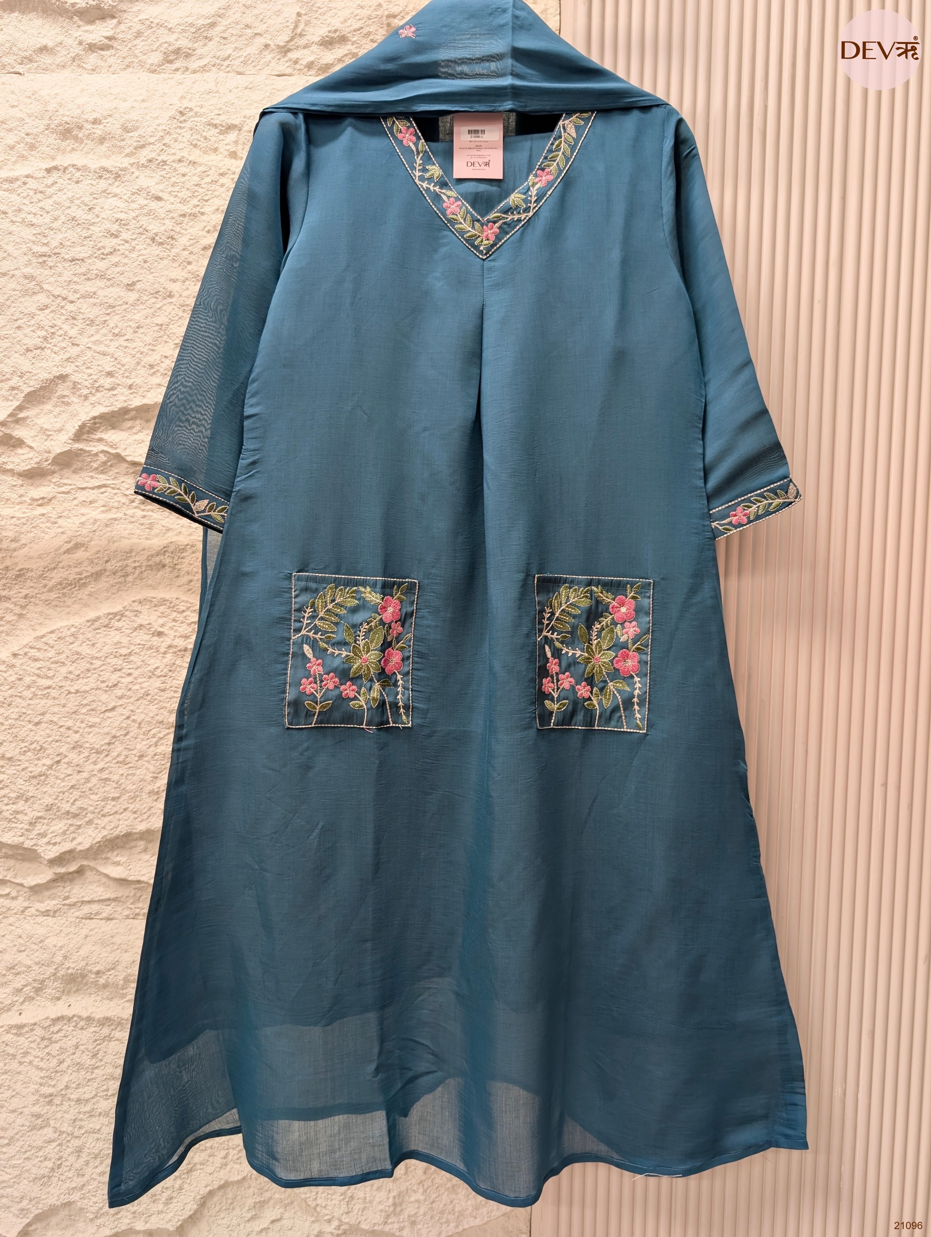 Meher Mul Chanderi Embroidered Teal 3-Piece Set (Devri – D.No 21096)