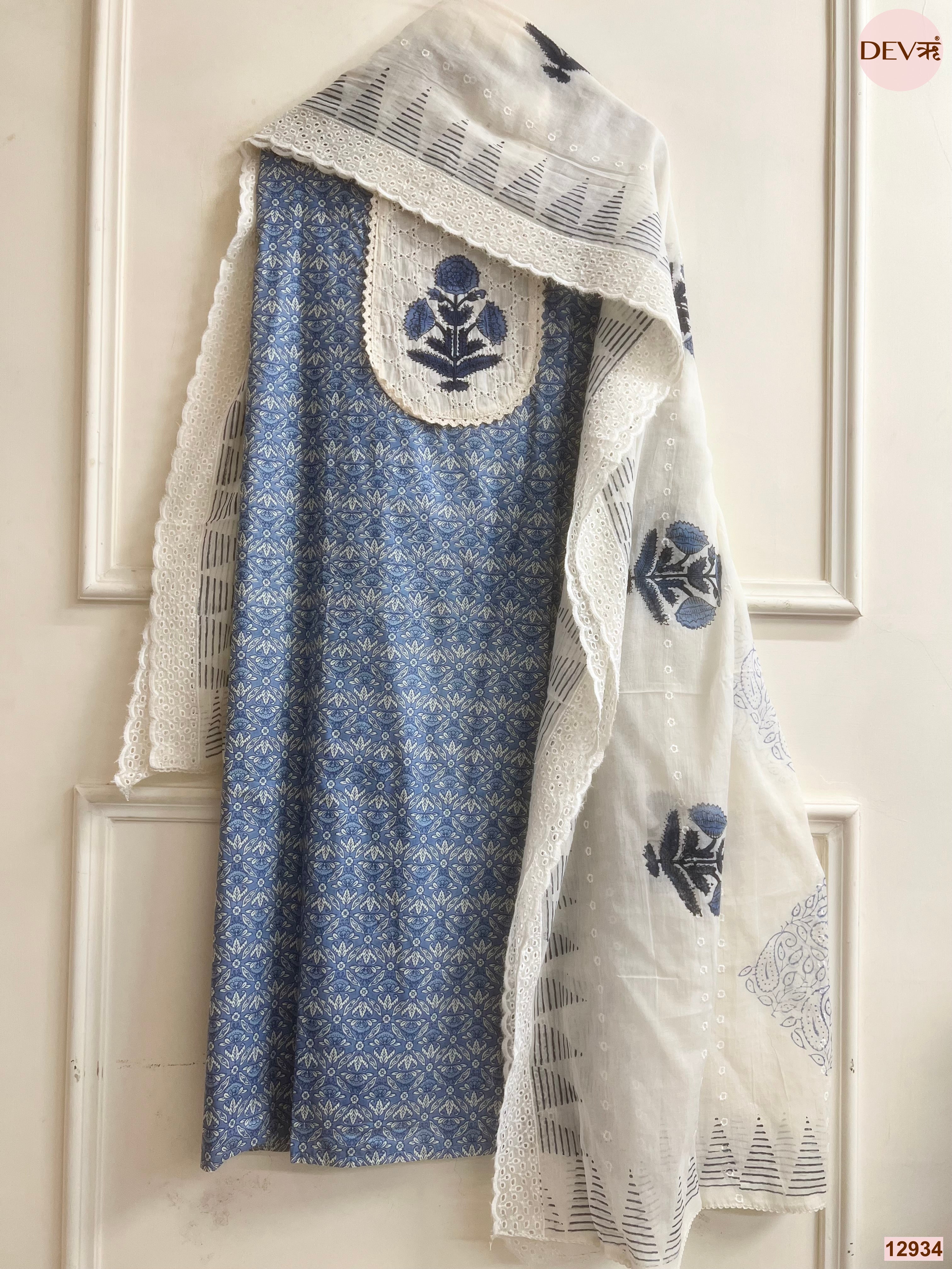 Blue Cotton Printed Unstitched 3-Piece Suit (Devri – D.No 12934)