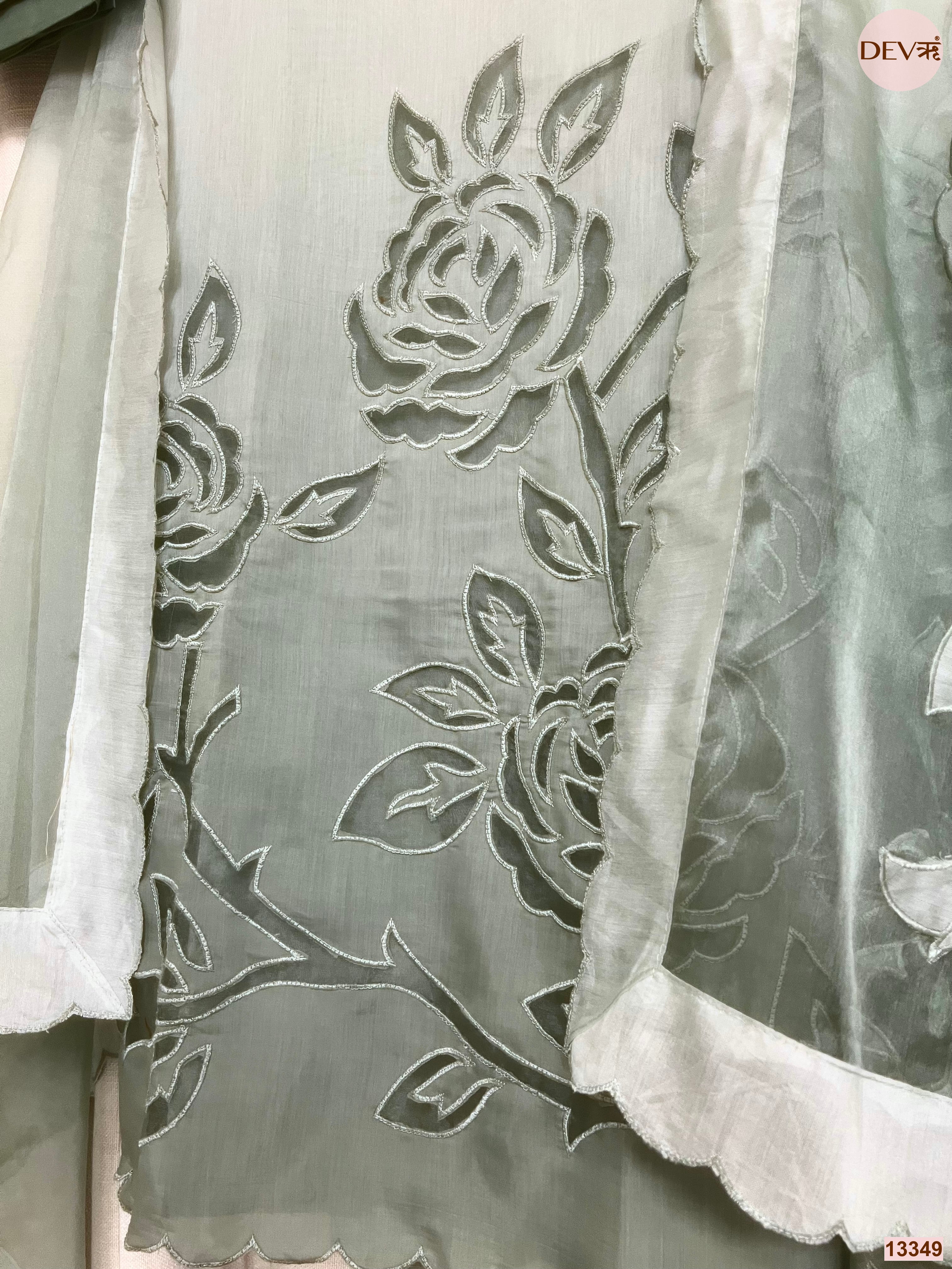 Sage Mul Chanderi Embroidered Unstitched 3-Piece Suit (Devri – D.No 13349)