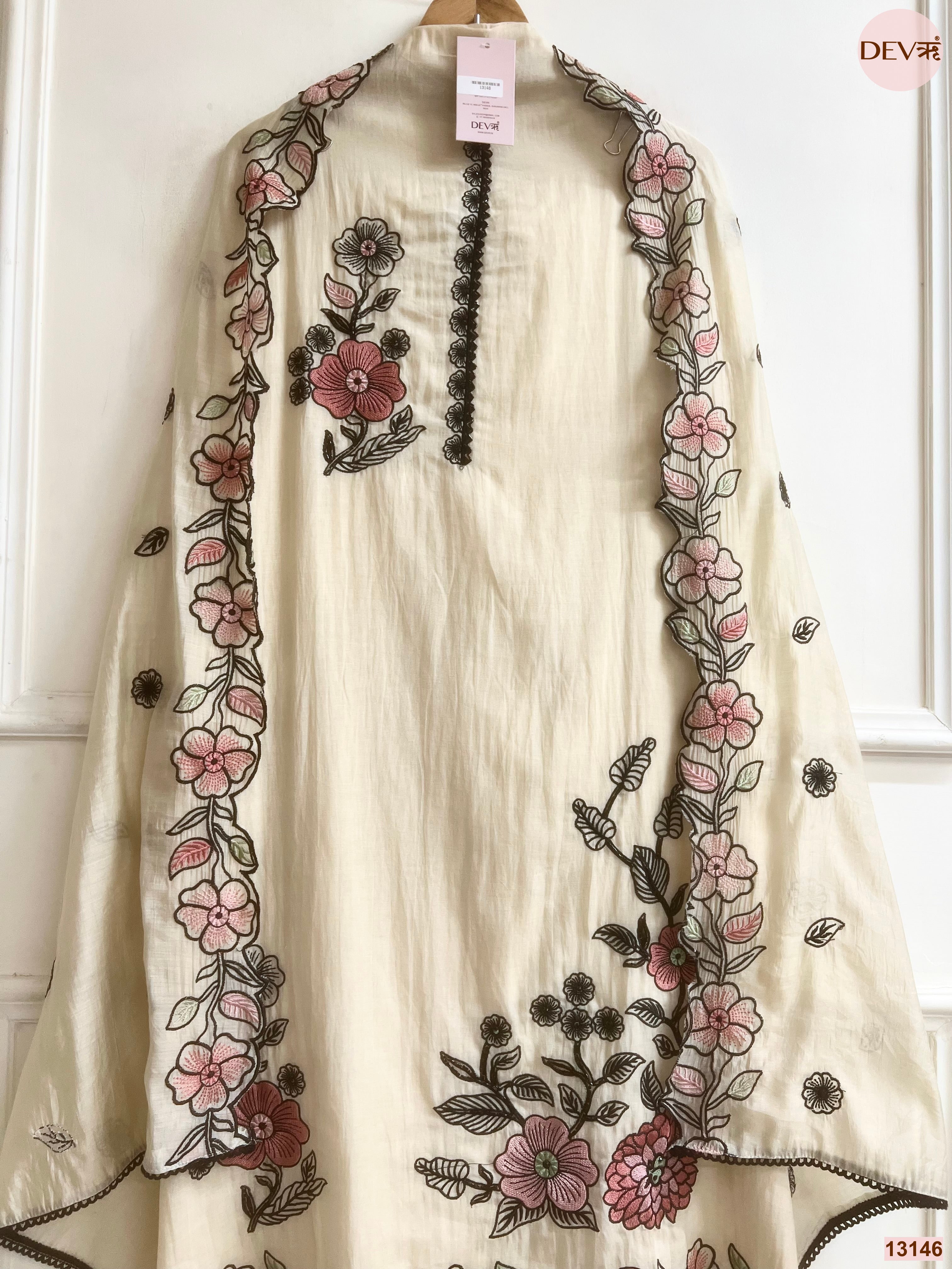 Cream Mul Chanderi Embroidered Unstitched 3-Piece Suit (Devri – D.No 13146)