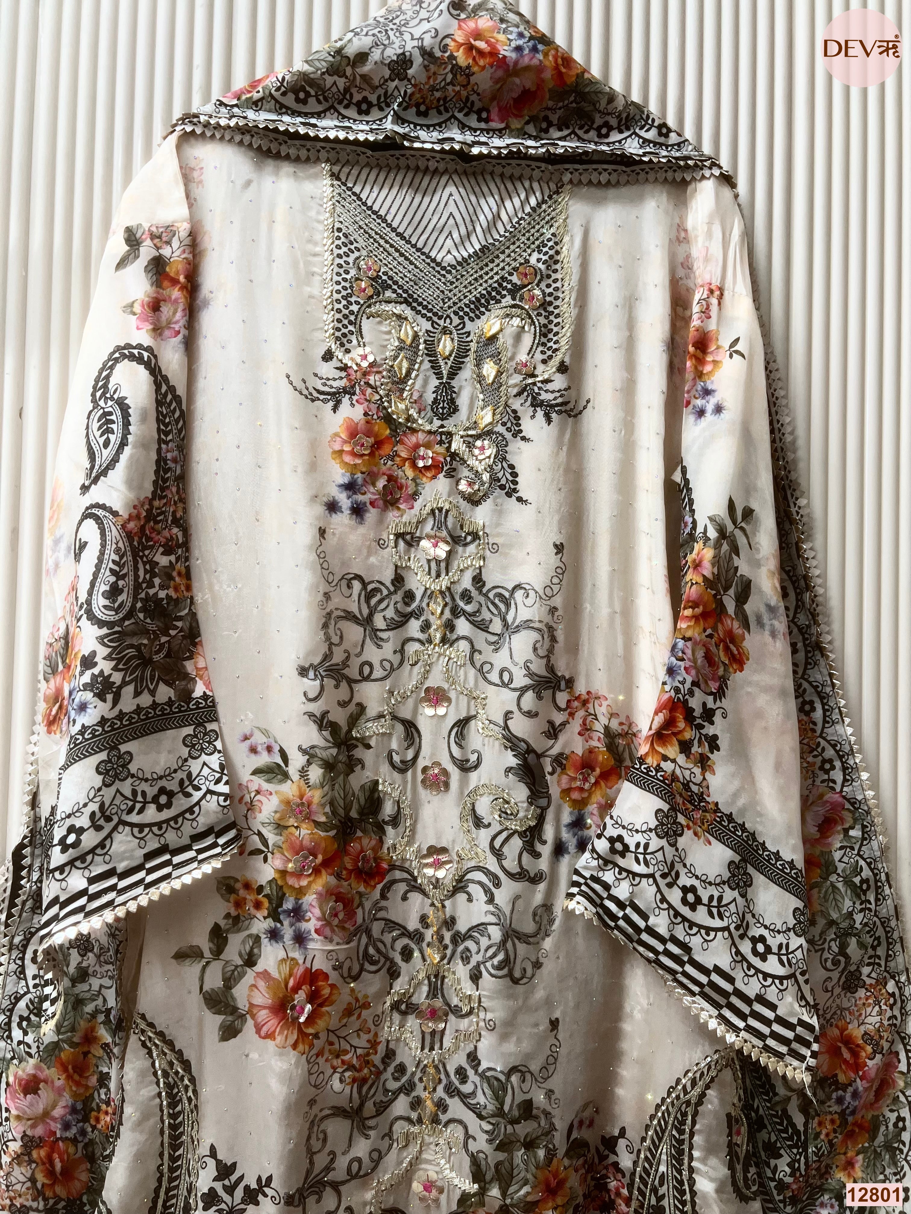White Glass organza Silk Printed Unstitched 3-Piece Suit (Devri – D.No 12801)