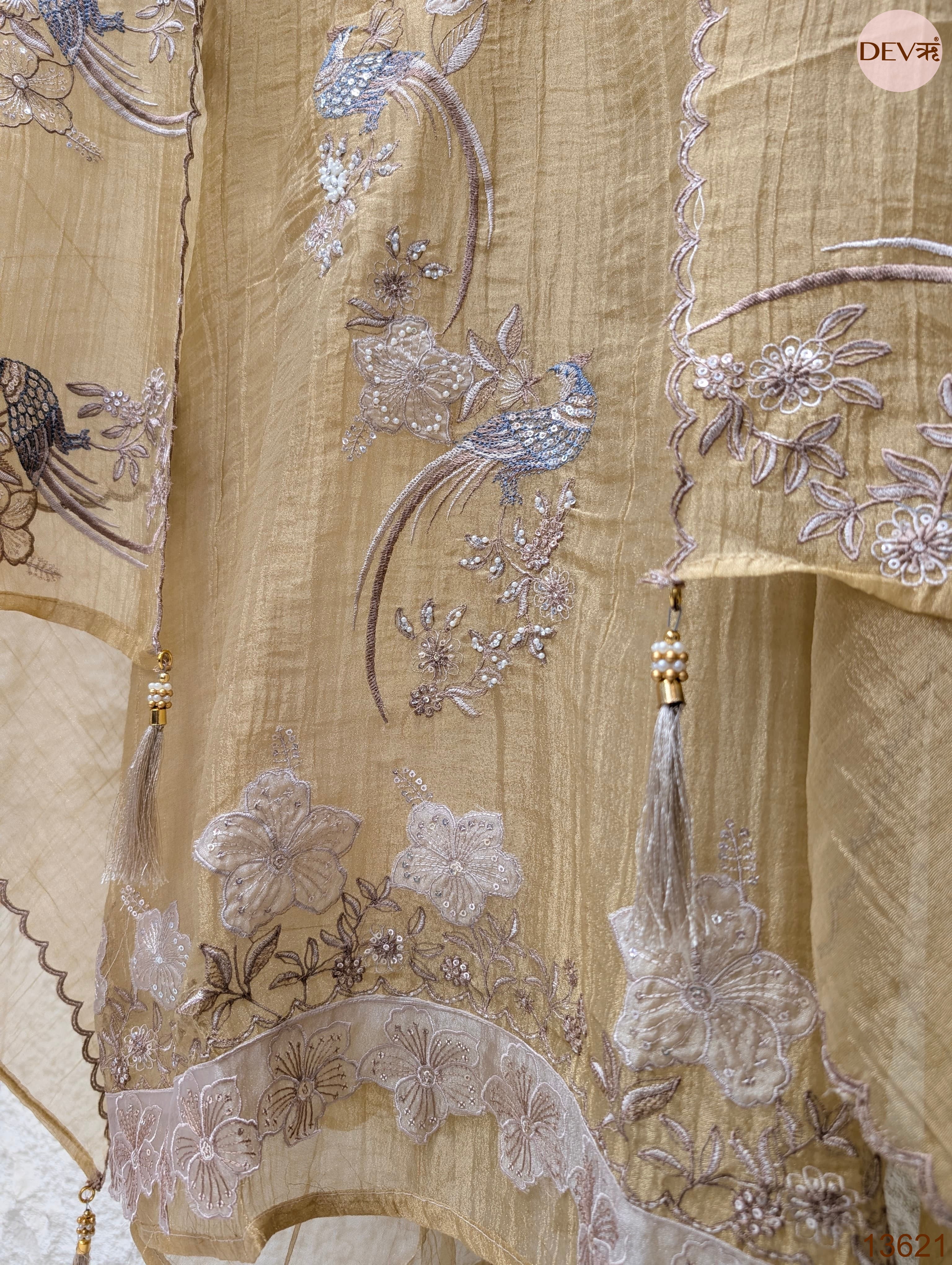 Beige Tissue Crush Silk Embroidered Unstitched 3-Piece Suit (Devri – D.No 13621)