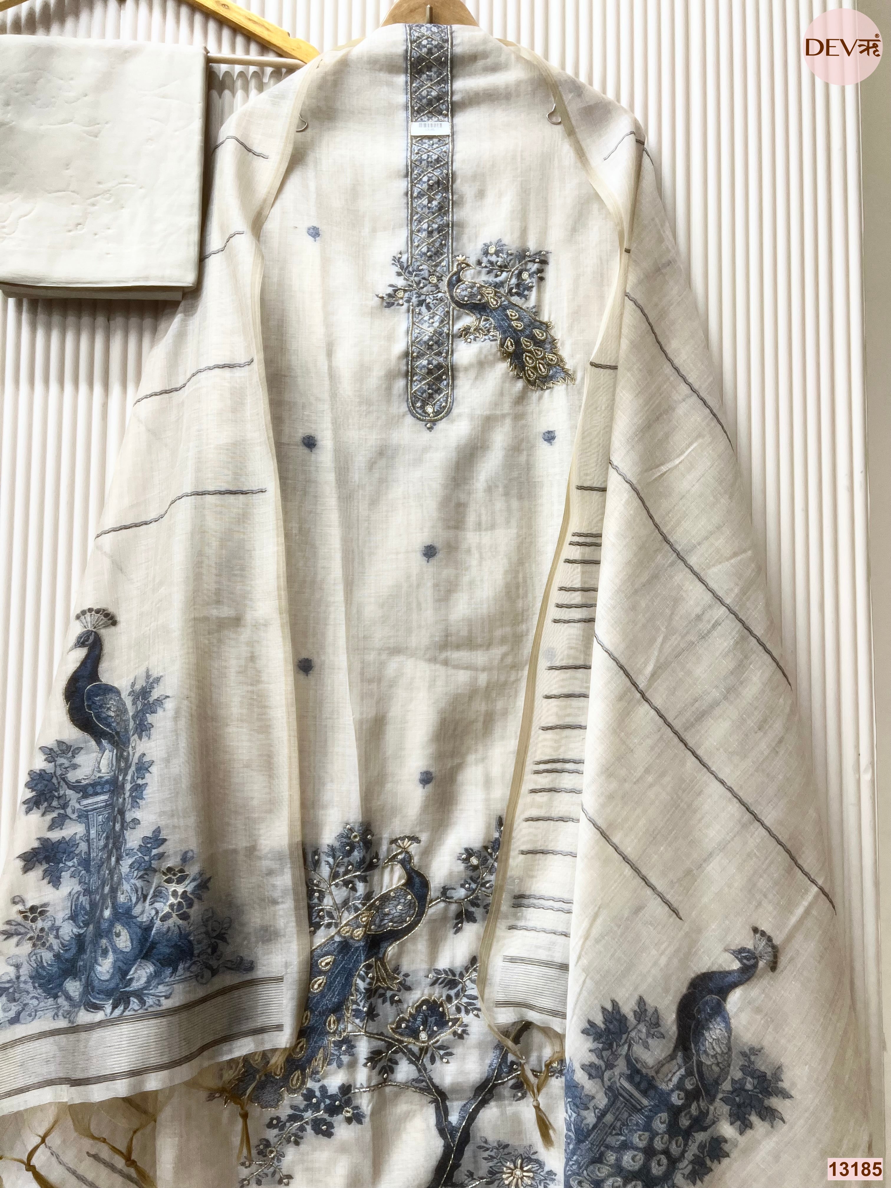 Cream Mul Chanderi Printed Unstitched 3-Piece Suit (Devri – D.No 13185)