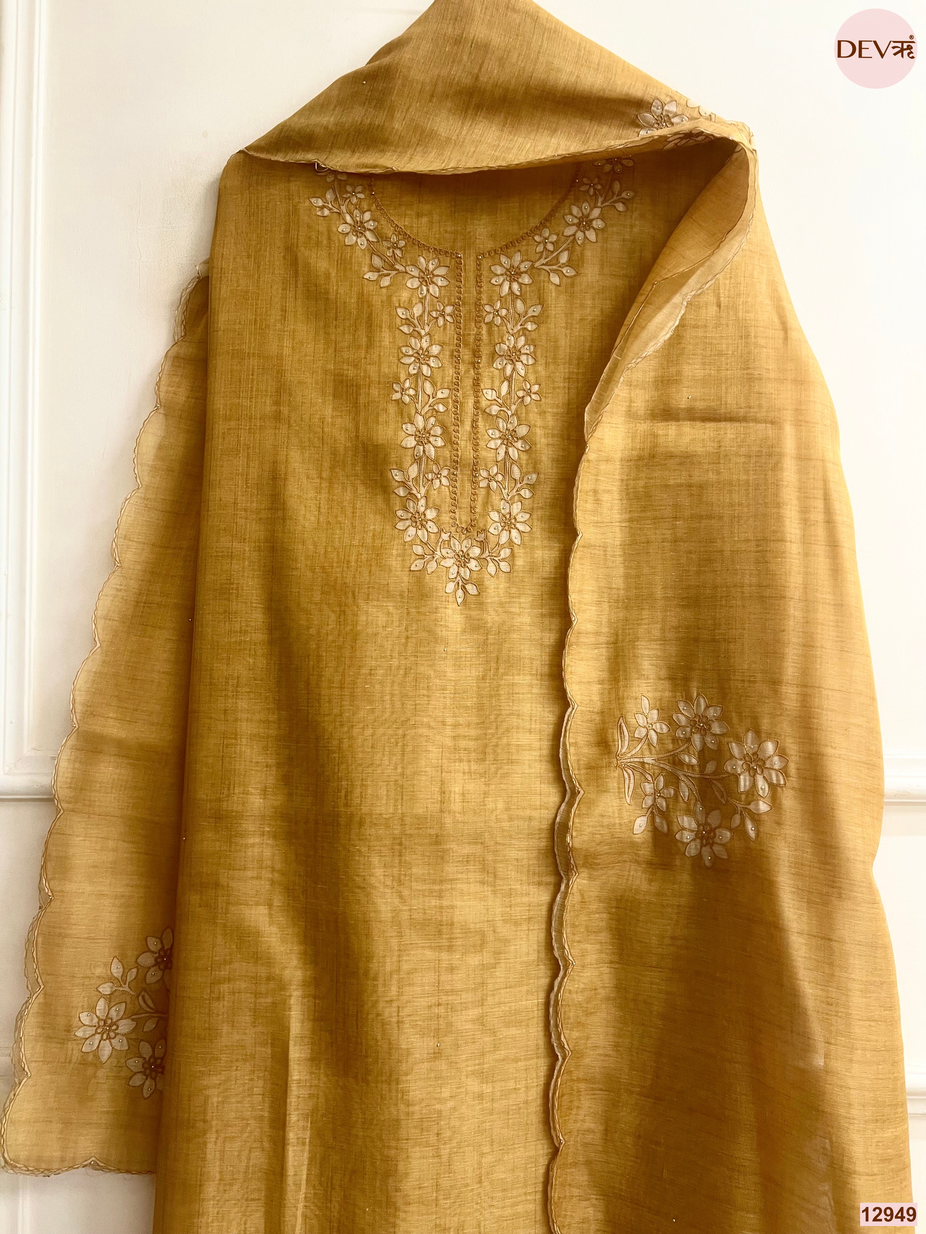 Mustard Linen Embroidered Unstitched 3-Piece Suit (Devri – D.No 12949)