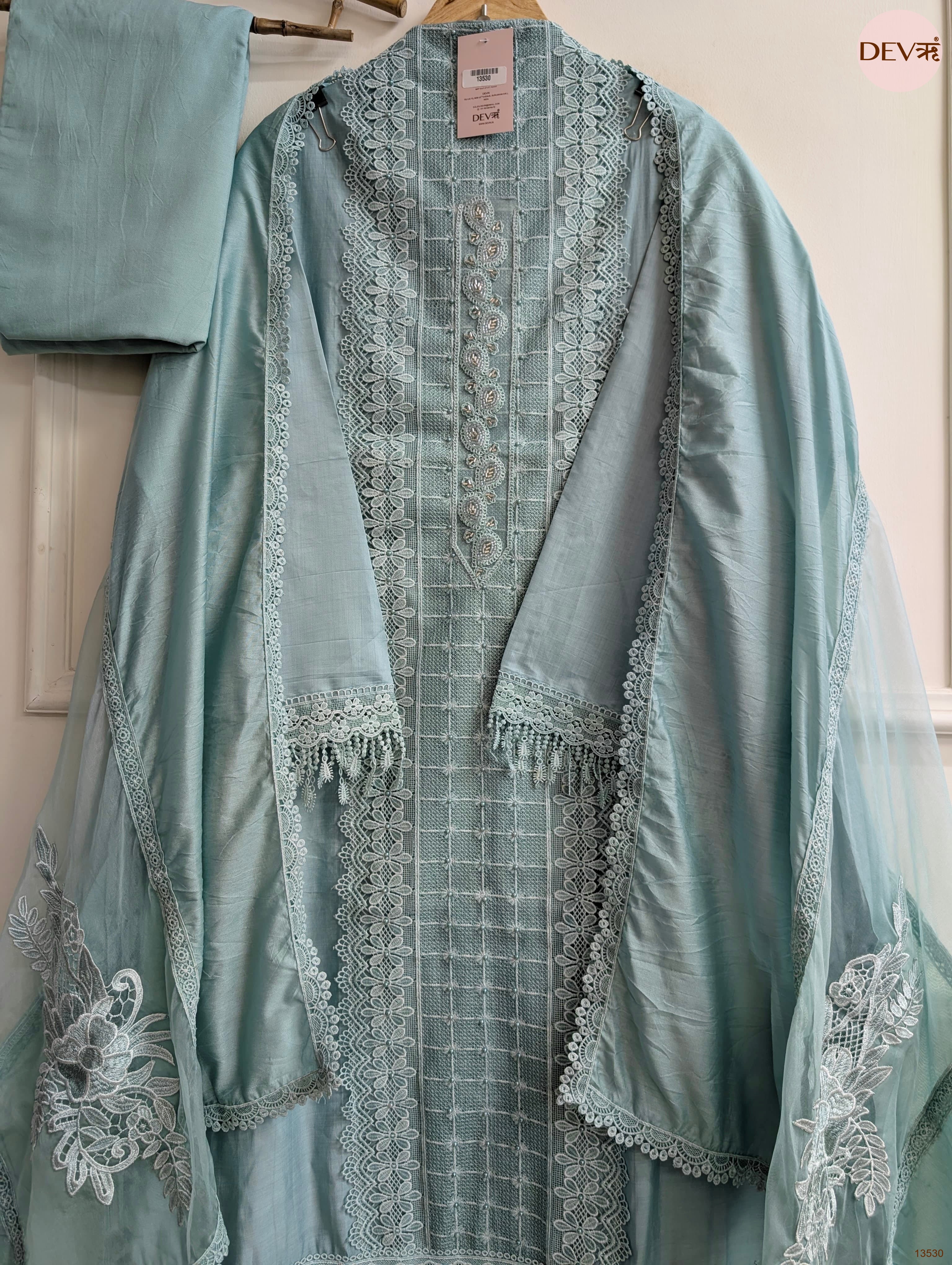 Sea Green Modal Silk Embroidered Unstitched 3-Piece Suit (Devri – D.No 13530)