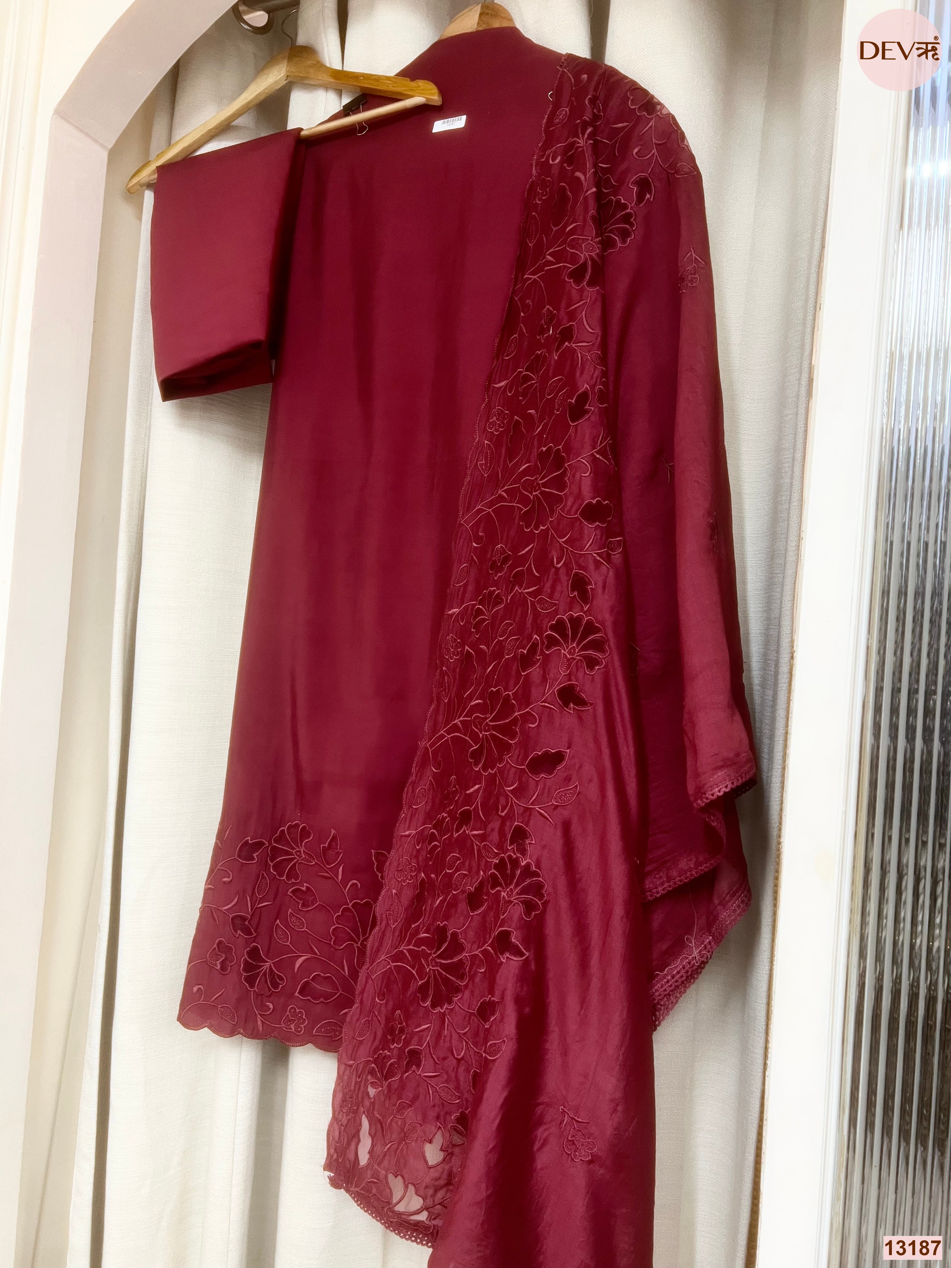 Maroon Roman Silk Embroidered Unstitched 3-Piece Suit (Devri – D.No 13187)
