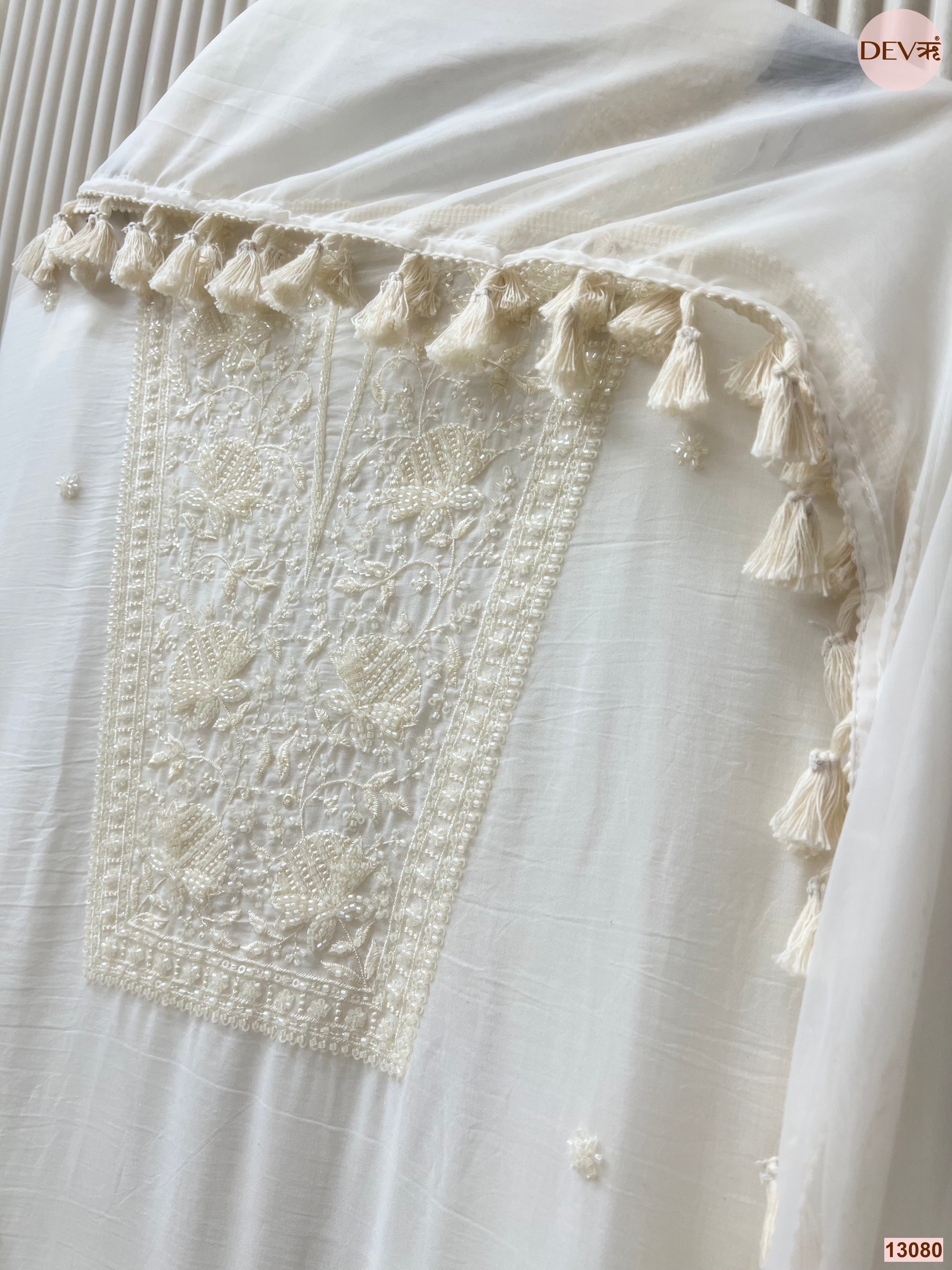 White Mul Cotton Embroidered Unstitched 3-Piece Suit (Devri – D.No 13080)