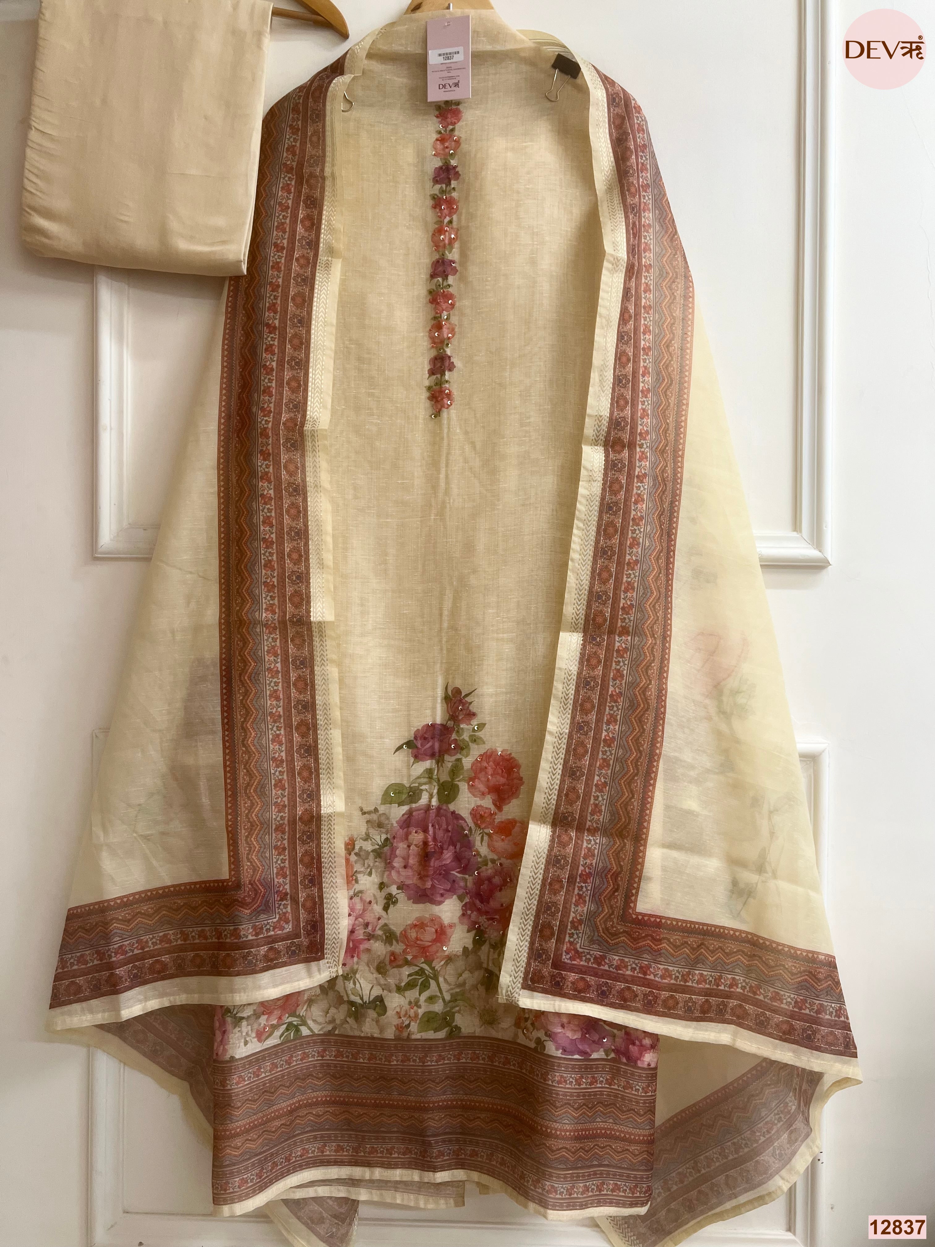 Cream Mul Chanderi Printed Unstitched 3-Piece Suit (Devri – D.No 12837)