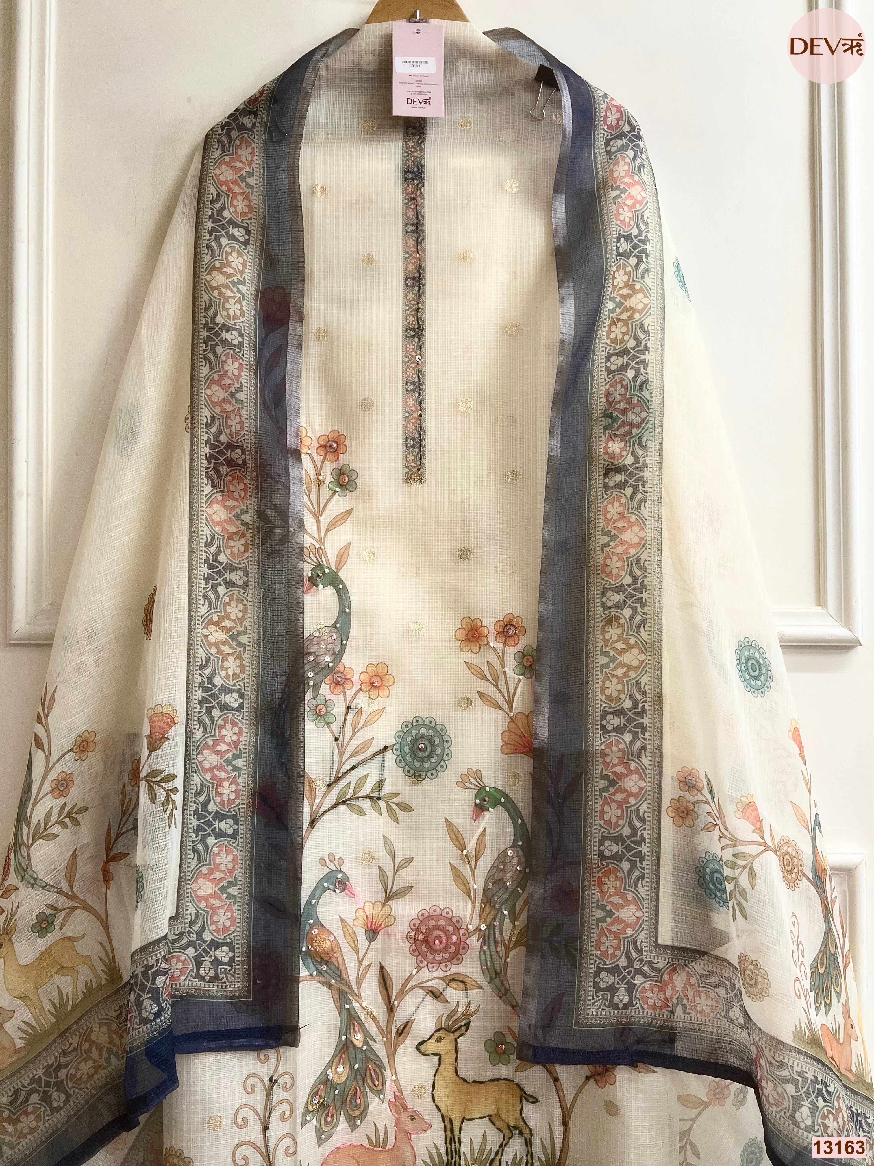 Cream Kota Printed Unstitched 3-Piece Suit (Devri – D.No 13163)