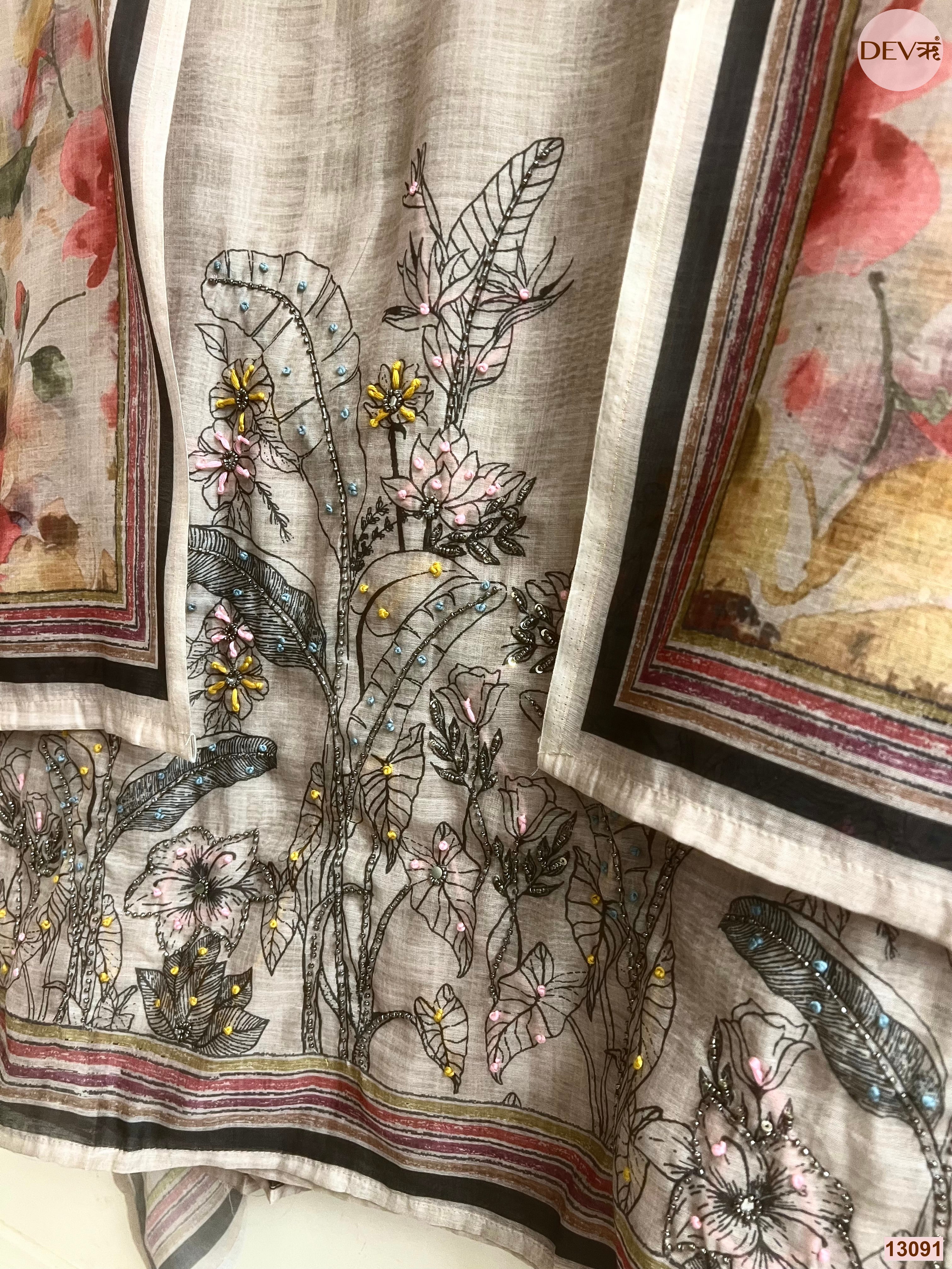 Beige Mul Chanderi Printed Unstitched 3-Piece Suit (Devri – D.No 13091)