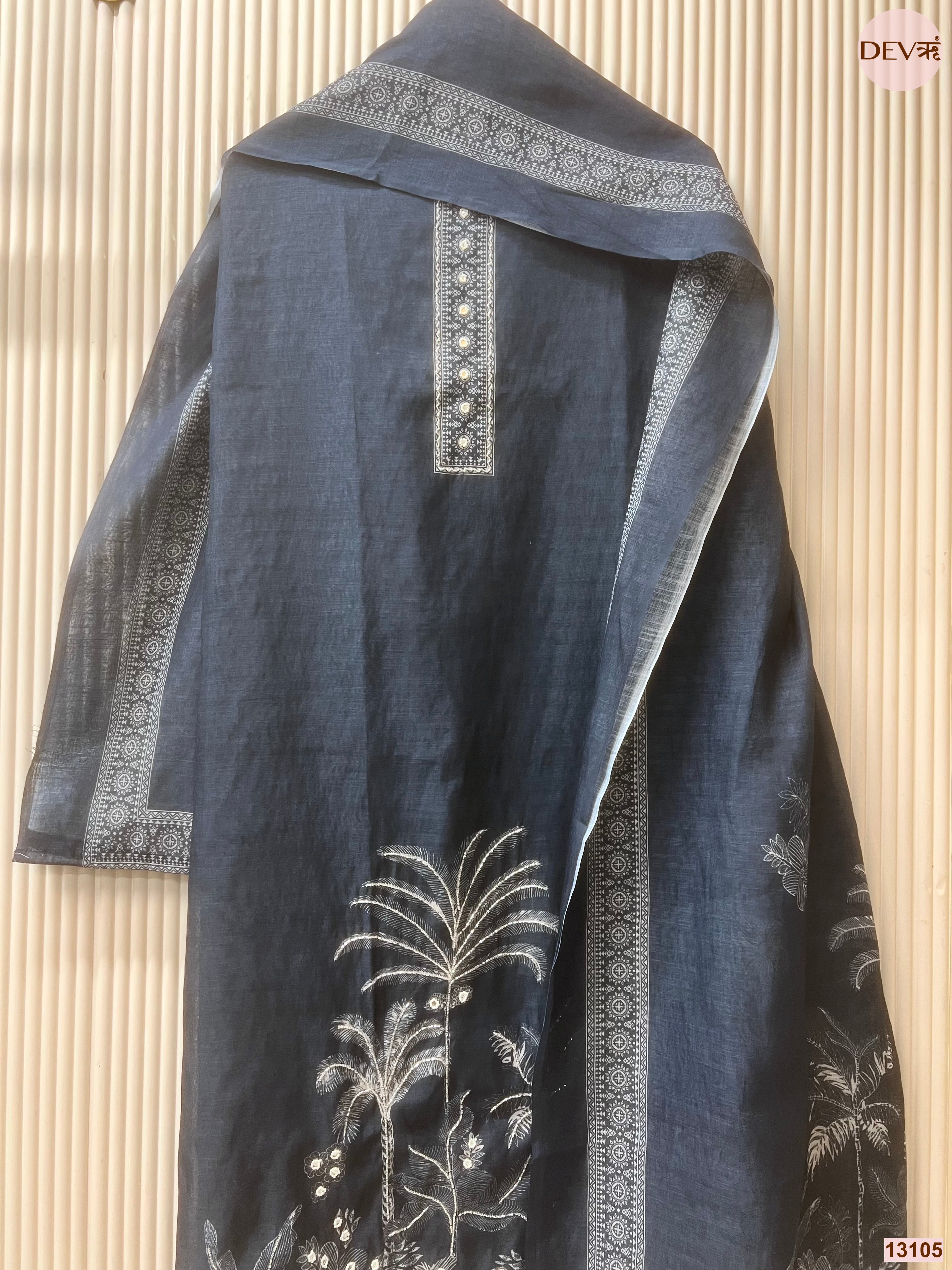 Navy Linen Cotton Printed Unstitched 3-Piece Suit (Devri – D.No 13105)