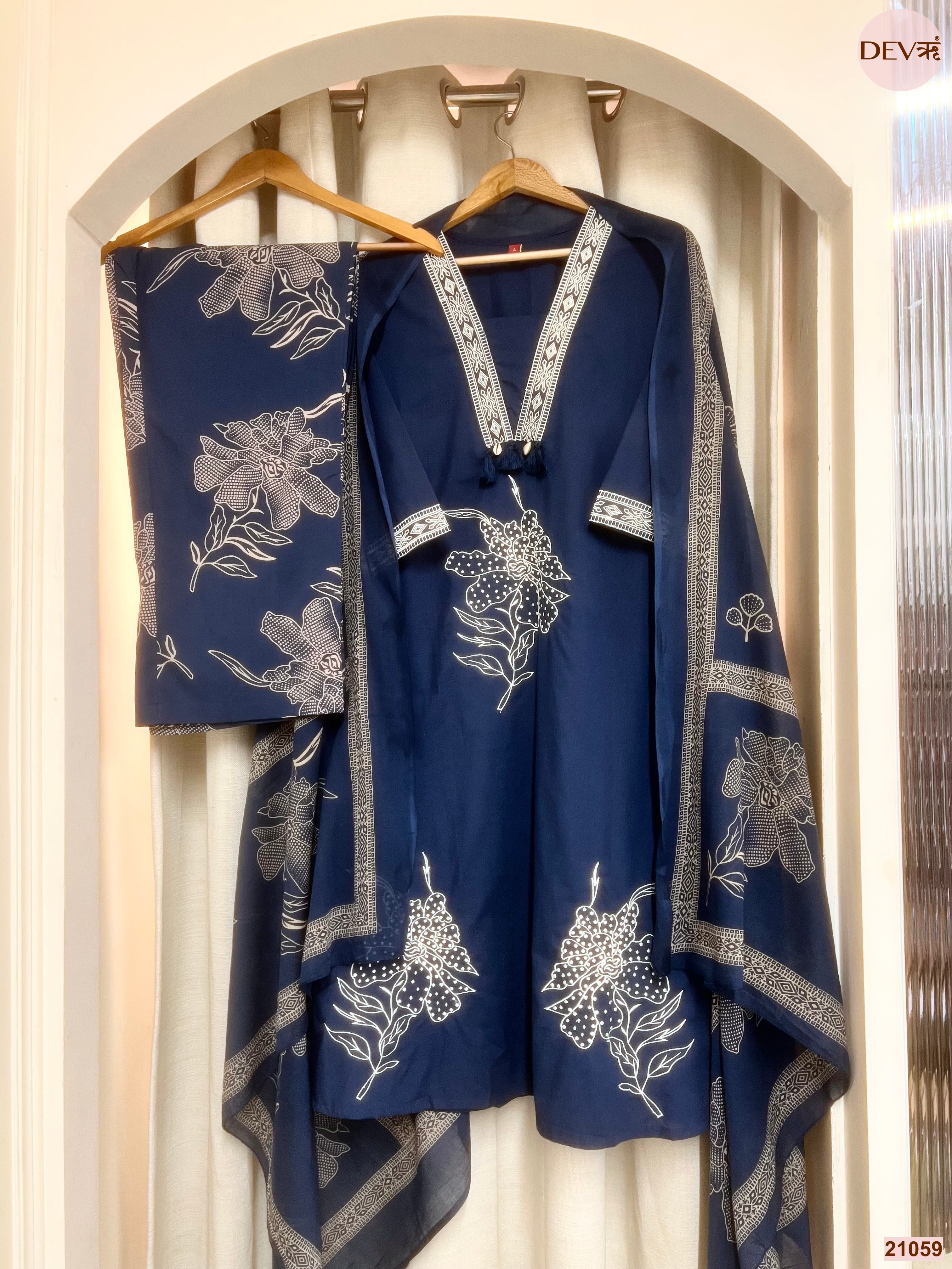 Neelambari Cotton Slub Printed Navy Blue 3-Piece Set (Devri – D.No 21059)