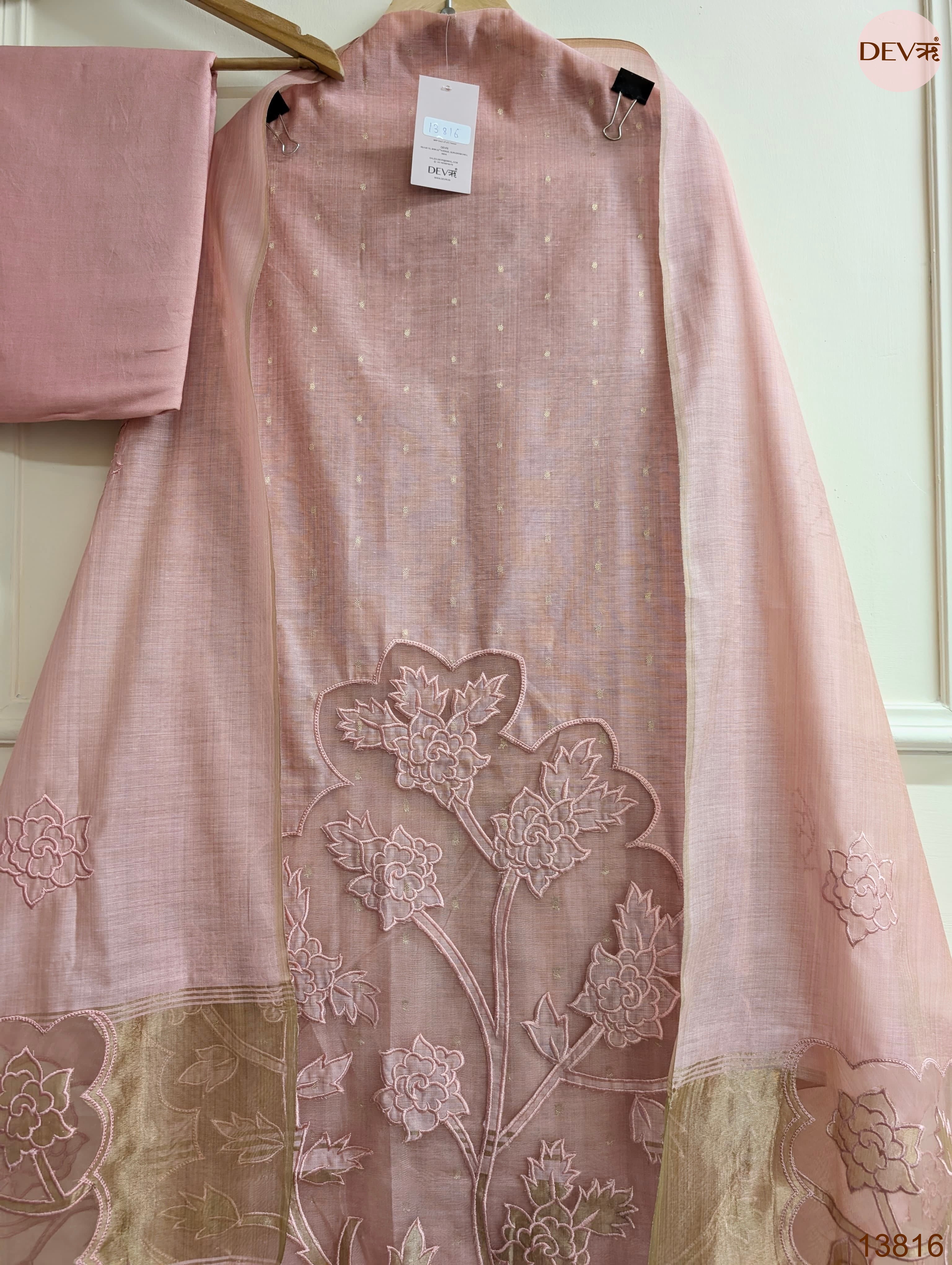 Pink Mul Chanderi Embroidered Unstitched 3-Piece Suit (Devri – D.No 13816)