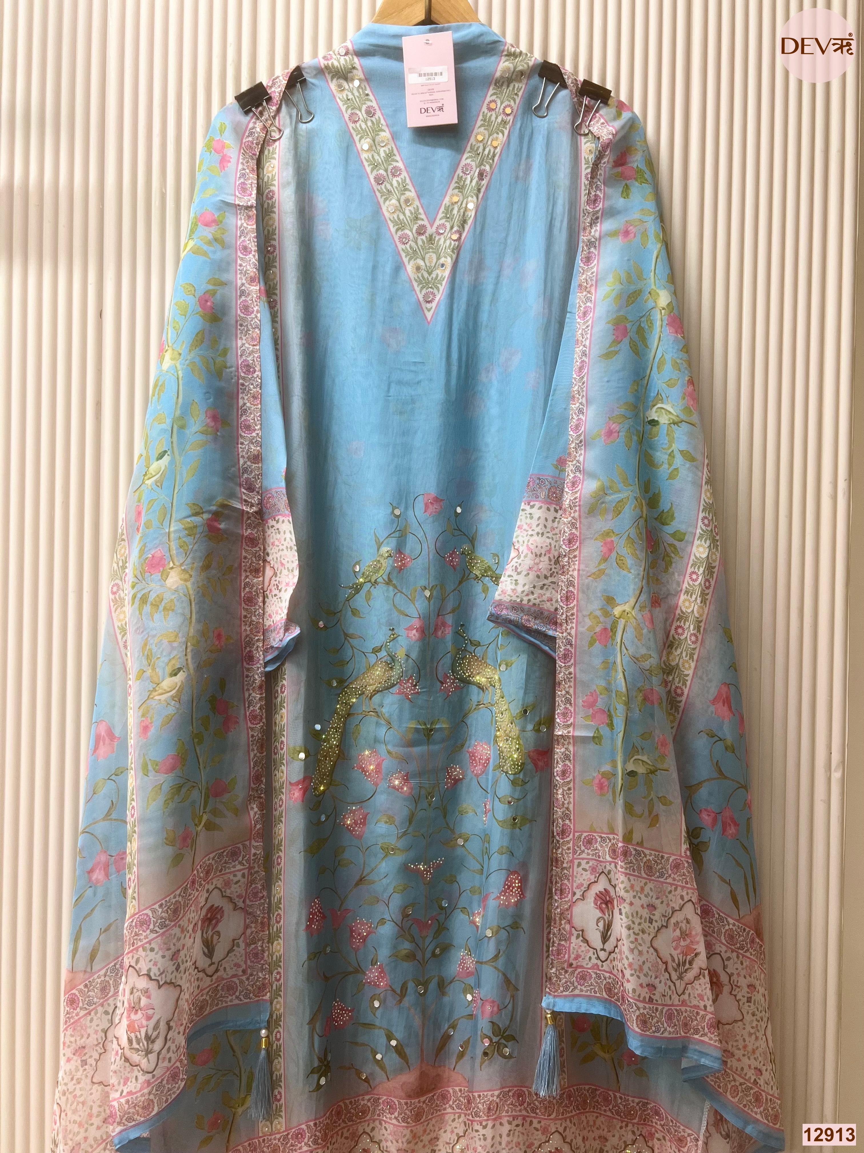 Blue Organza Printed Unstitched 3-Piece Suit (Devri – D.No 12913)