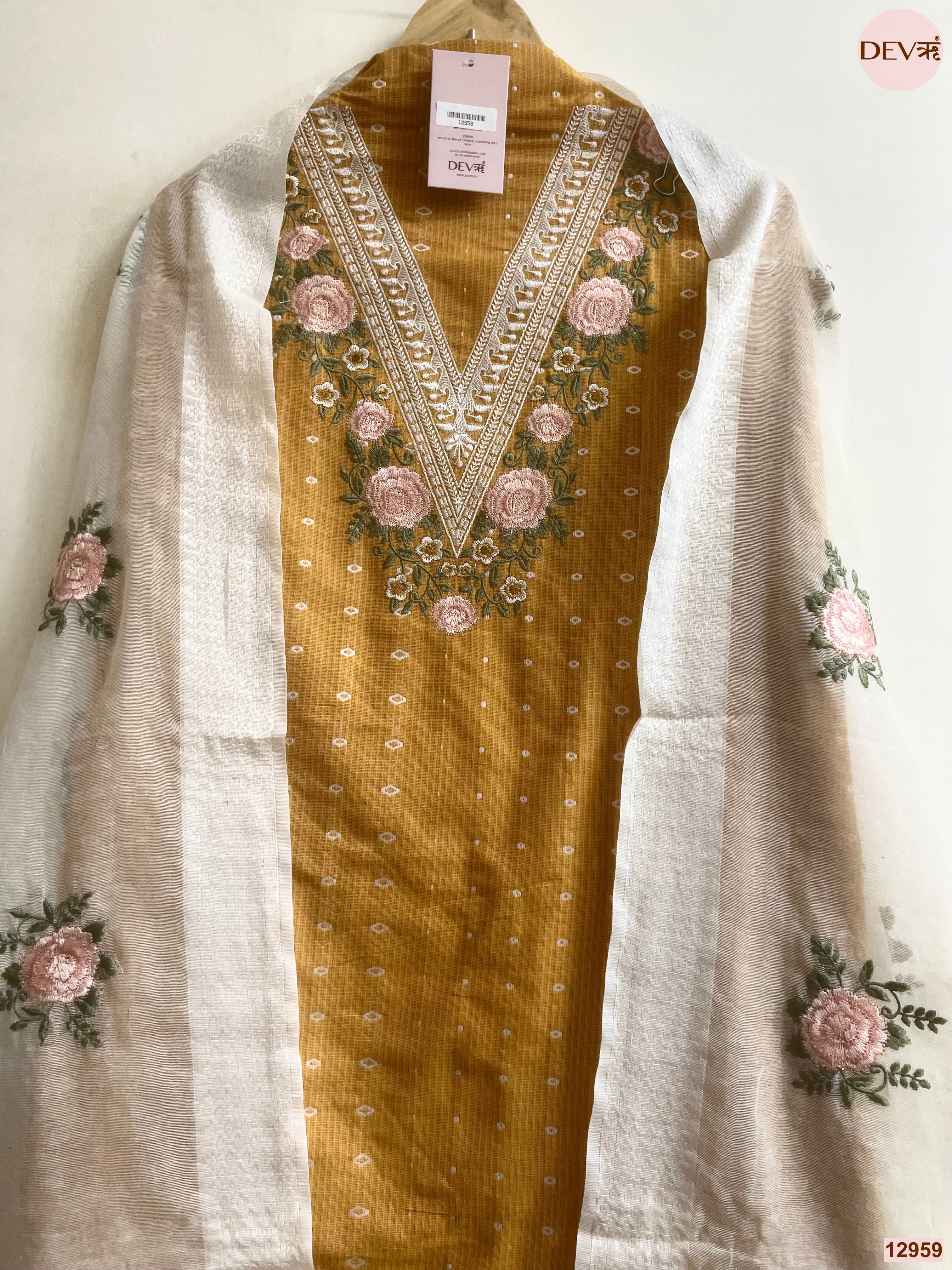 Mustard Cotton Handloom Embroidered Unstitched 3-Piece Suit (Devri – D.No 12959)