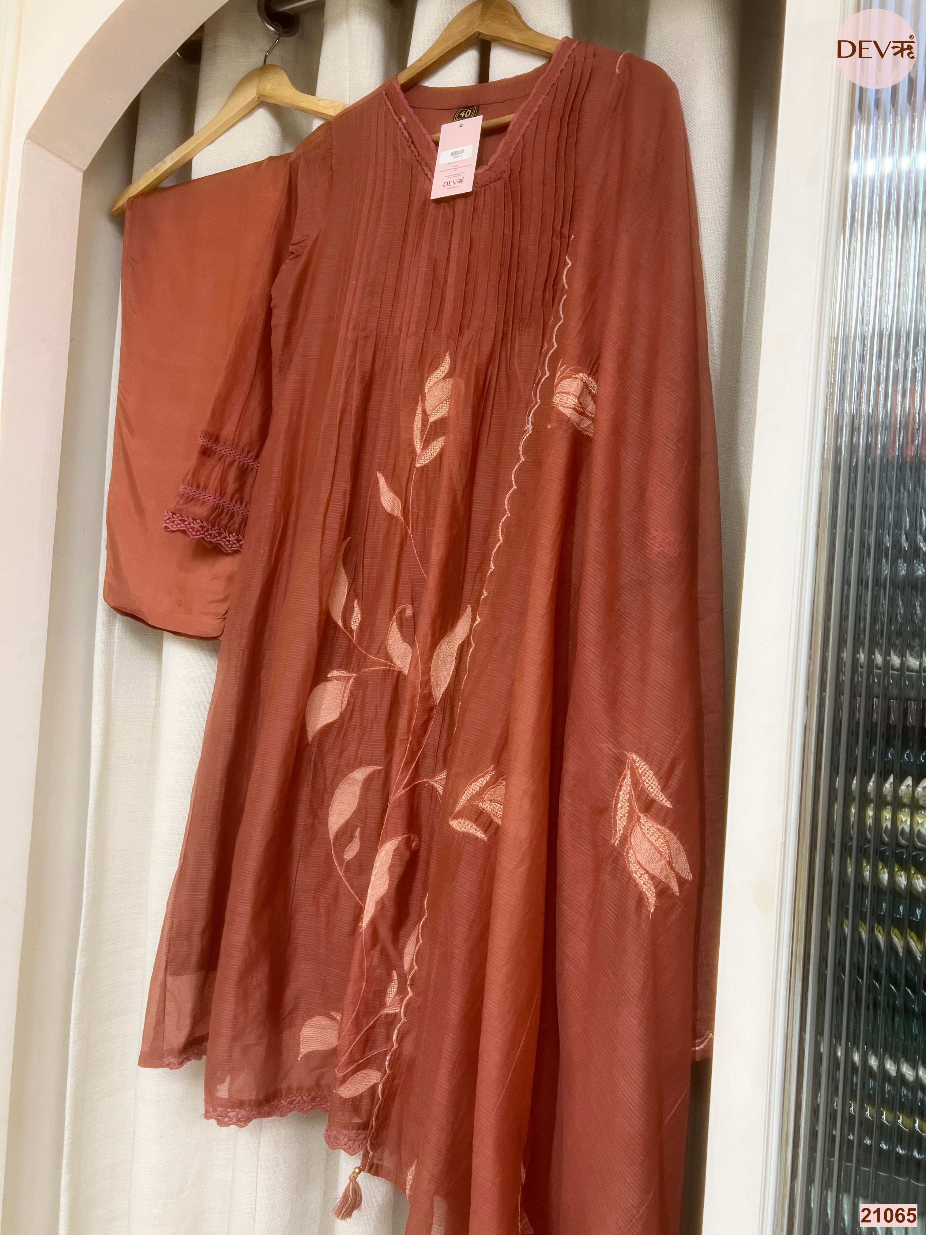 Gulnaar Mul cotton Embroidered Rust 3-Piece Set (Devri – D.No 21065)