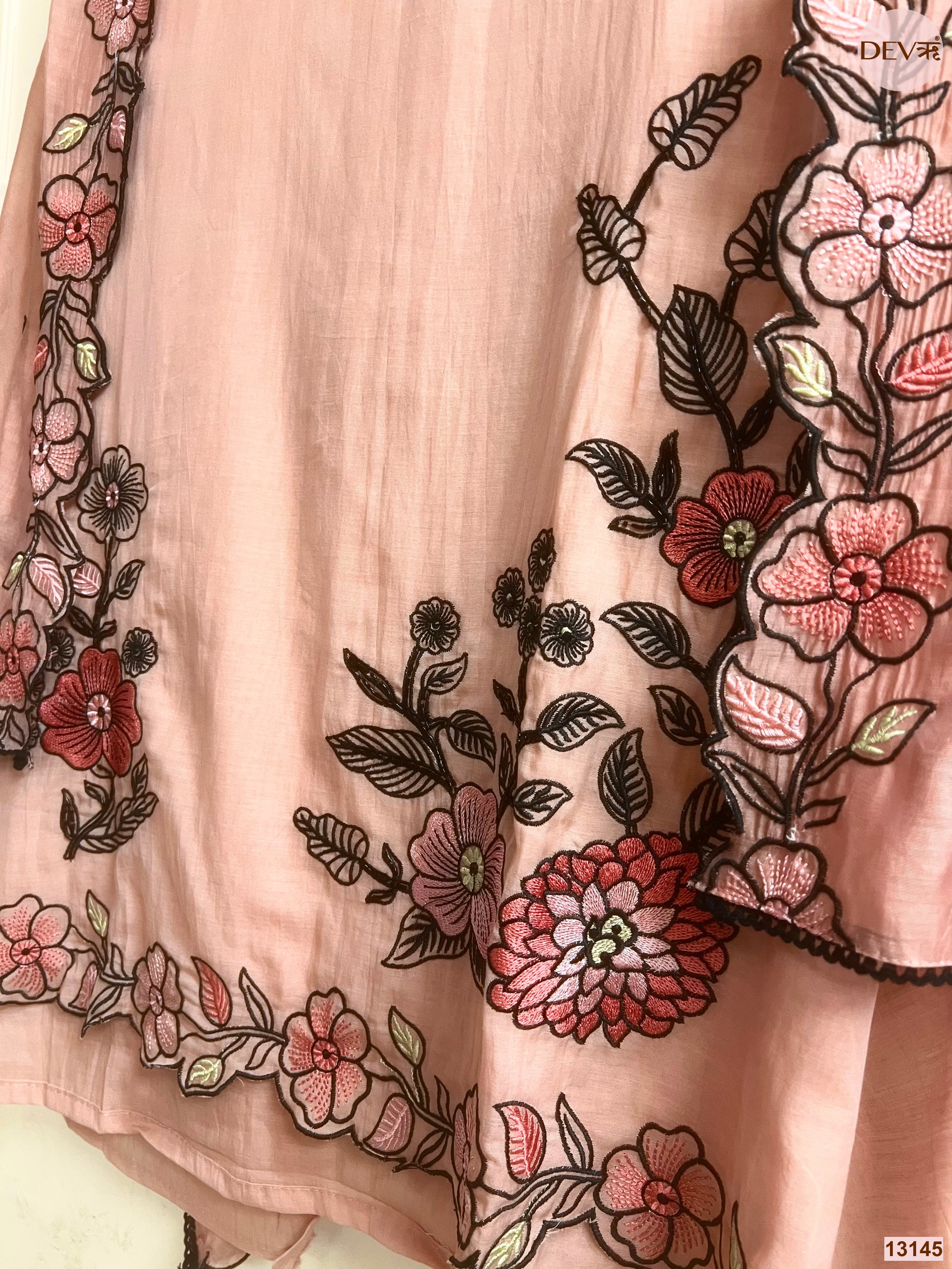 Pink Mul Chanderi Embroidered Unstitched 3-Piece Suit (Devri – D.No 13145)
