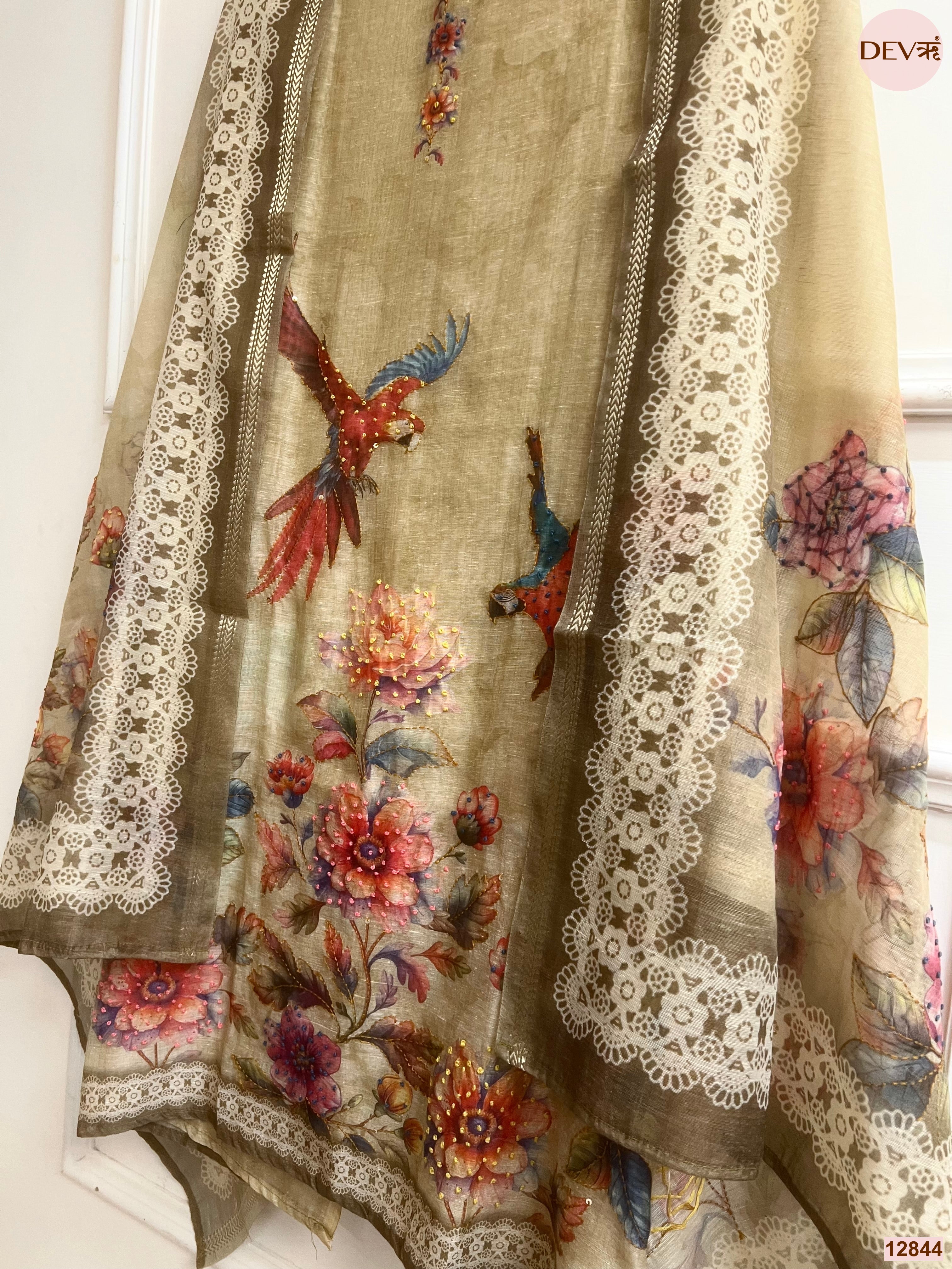 Olive Mul Chanderi Printed Unstitched 3-Piece Suit (Devri – D.No 12844)