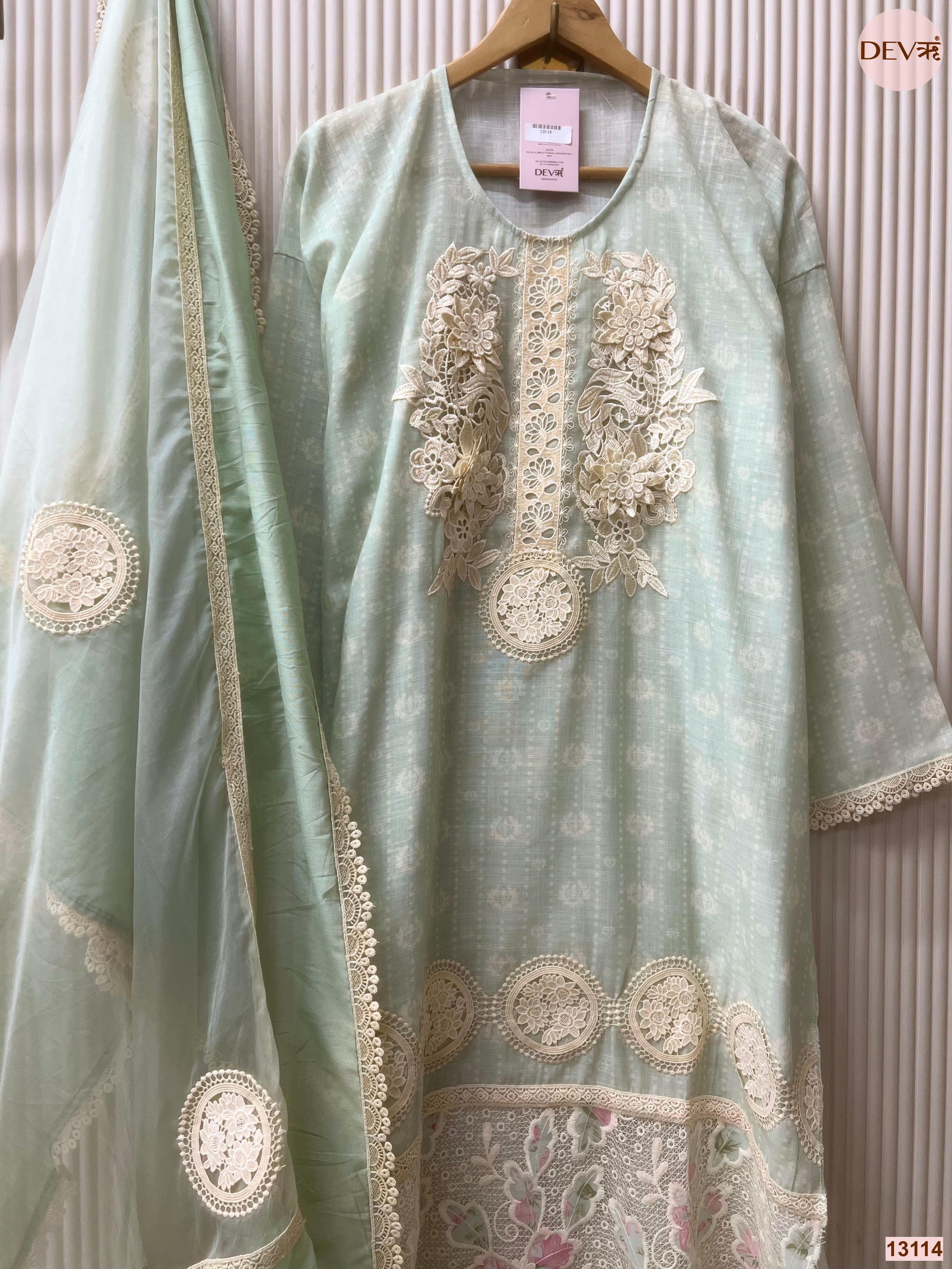 Mint Linen Cotton Embroidered Unstitched 3-Piece Suit (Devri – D.No 13114)