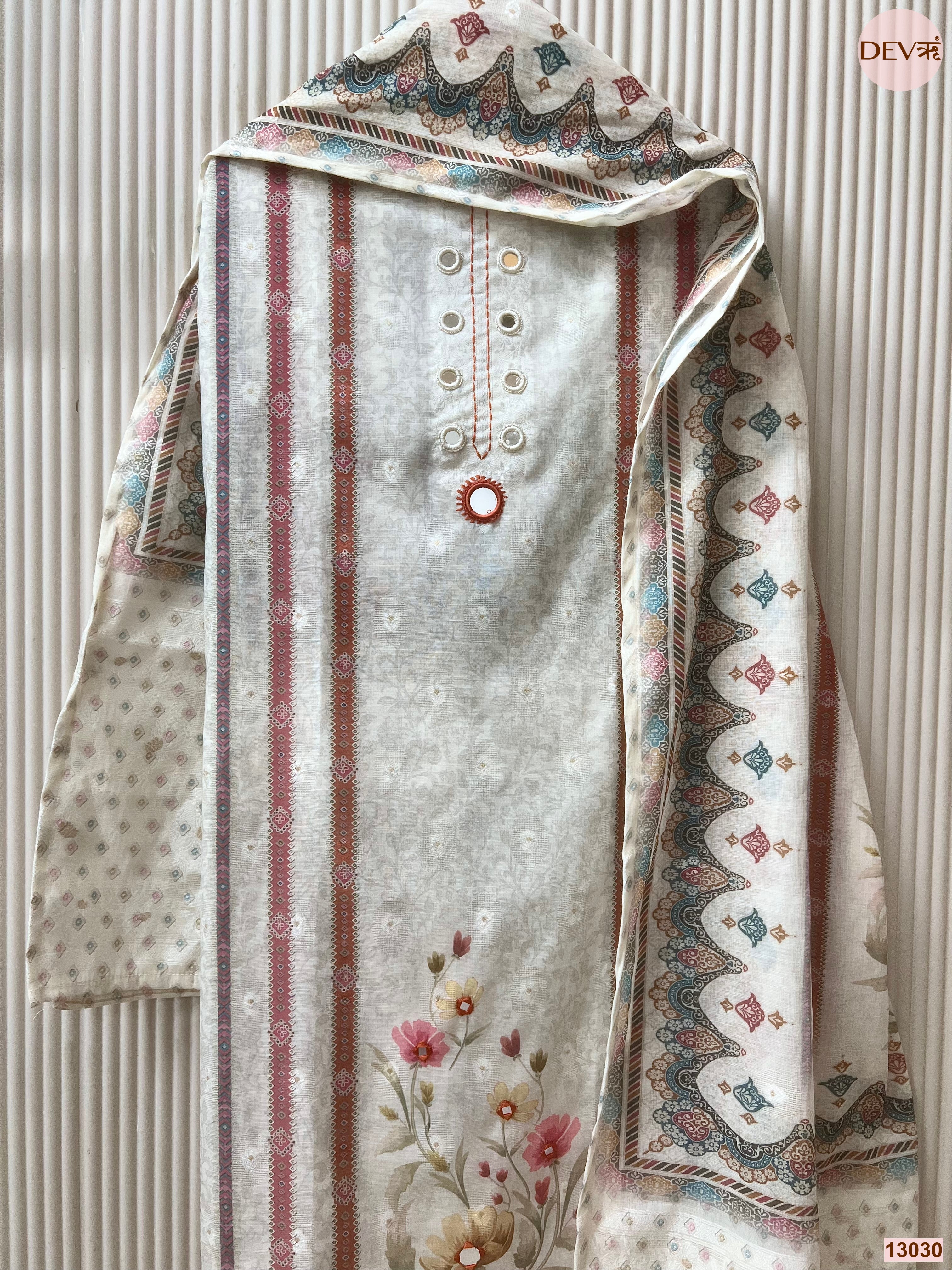 Off White Pure Linen Cotton Printed Unstitched 3-Piece Suit (Devri – D.No 13030)