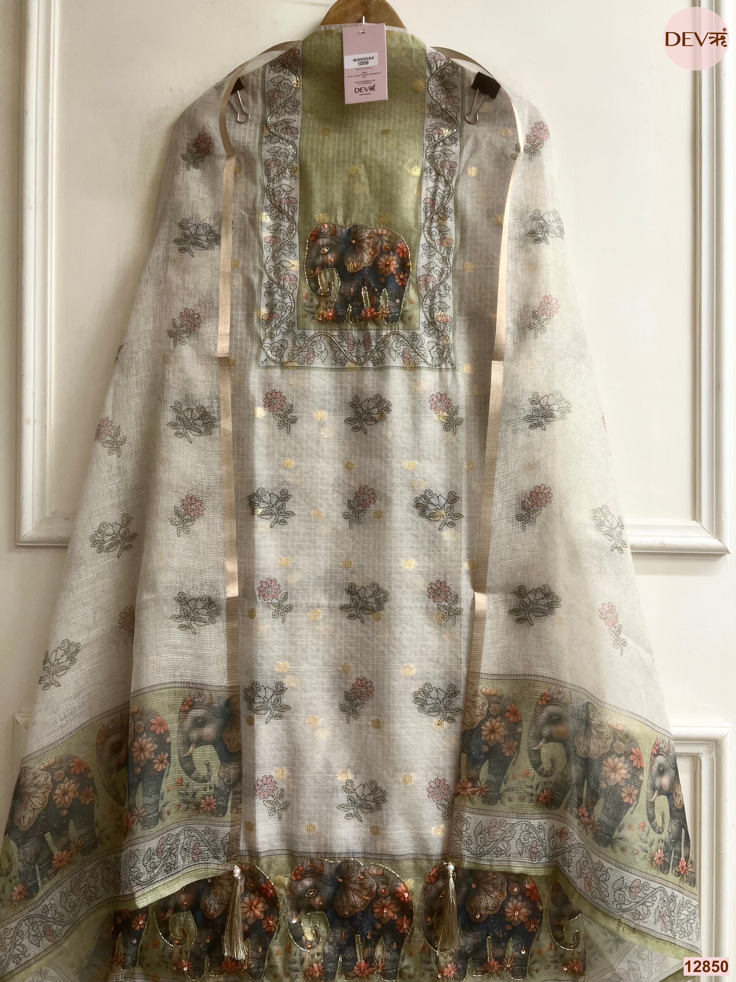 Olive Linen Cotton Printed Unstitched 3-Piece Suit (Devri – D.No 12850)