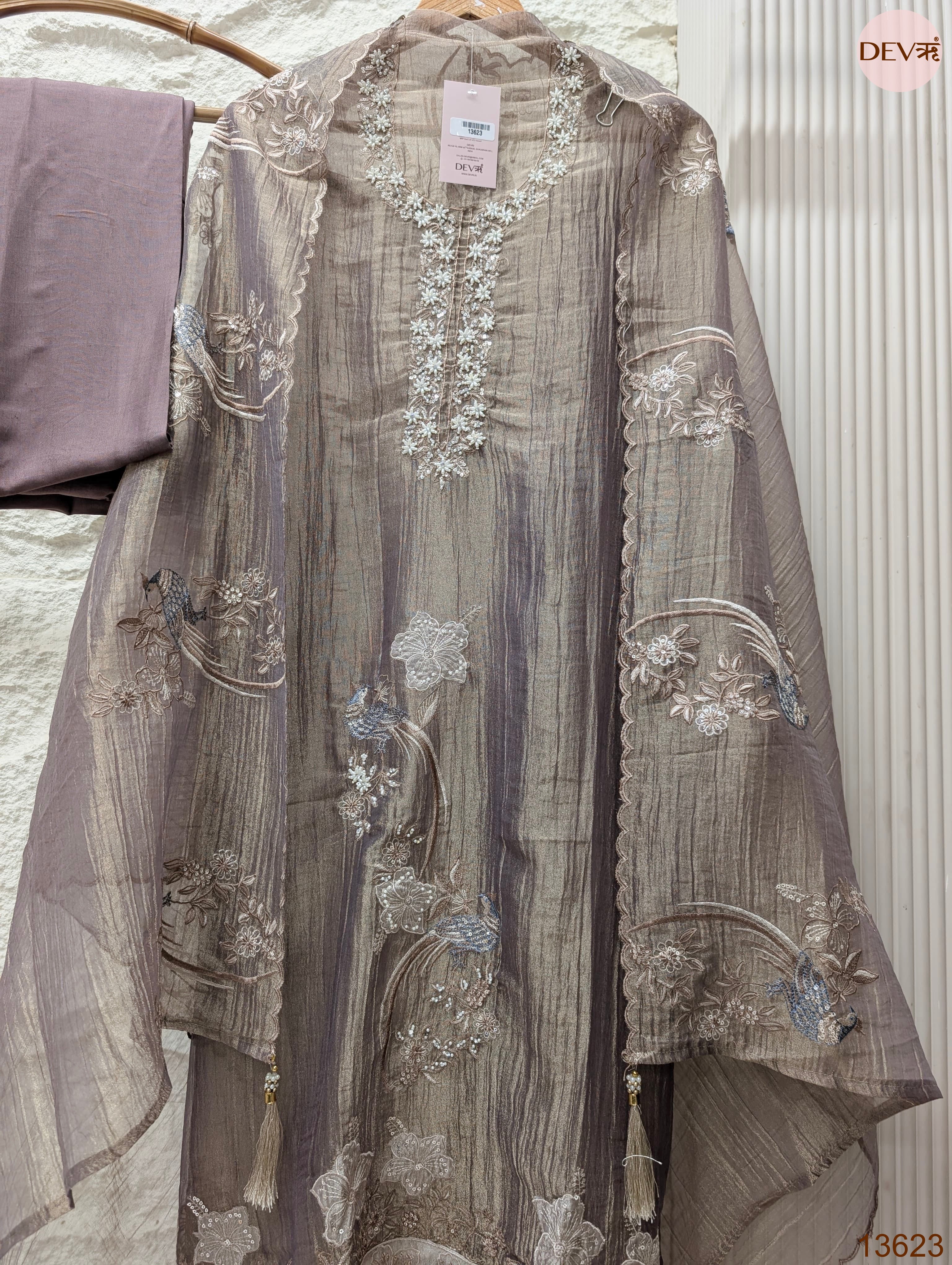 Mauve Tissue Crush Silk Embroidered Unstitched 3-Piece Suit (Devri – D.No 13623)