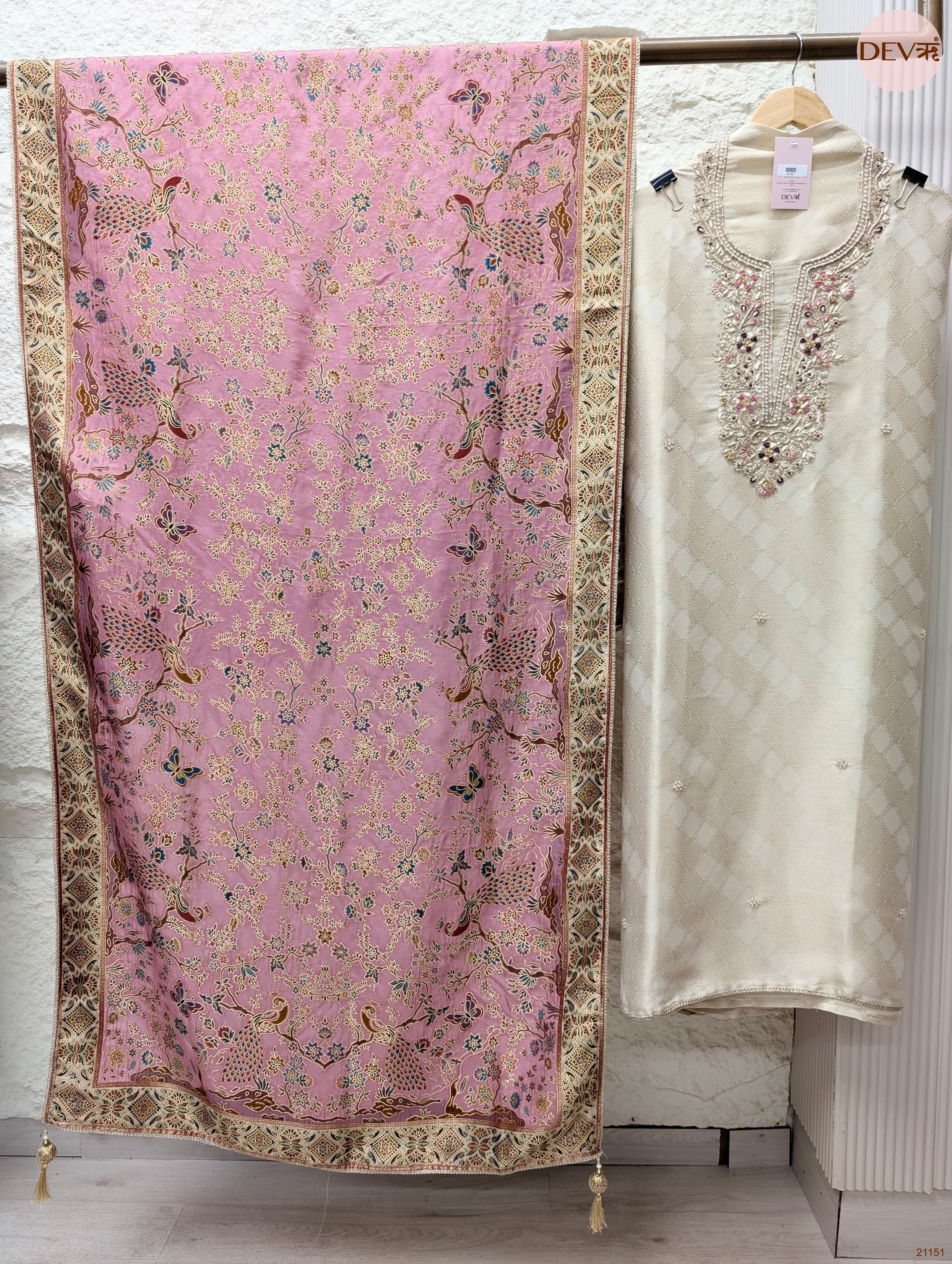 Cream Pure Banarasi Woven Silk Embroidered Unstitched 3-Piece Suit (Devri – D.No 21151)