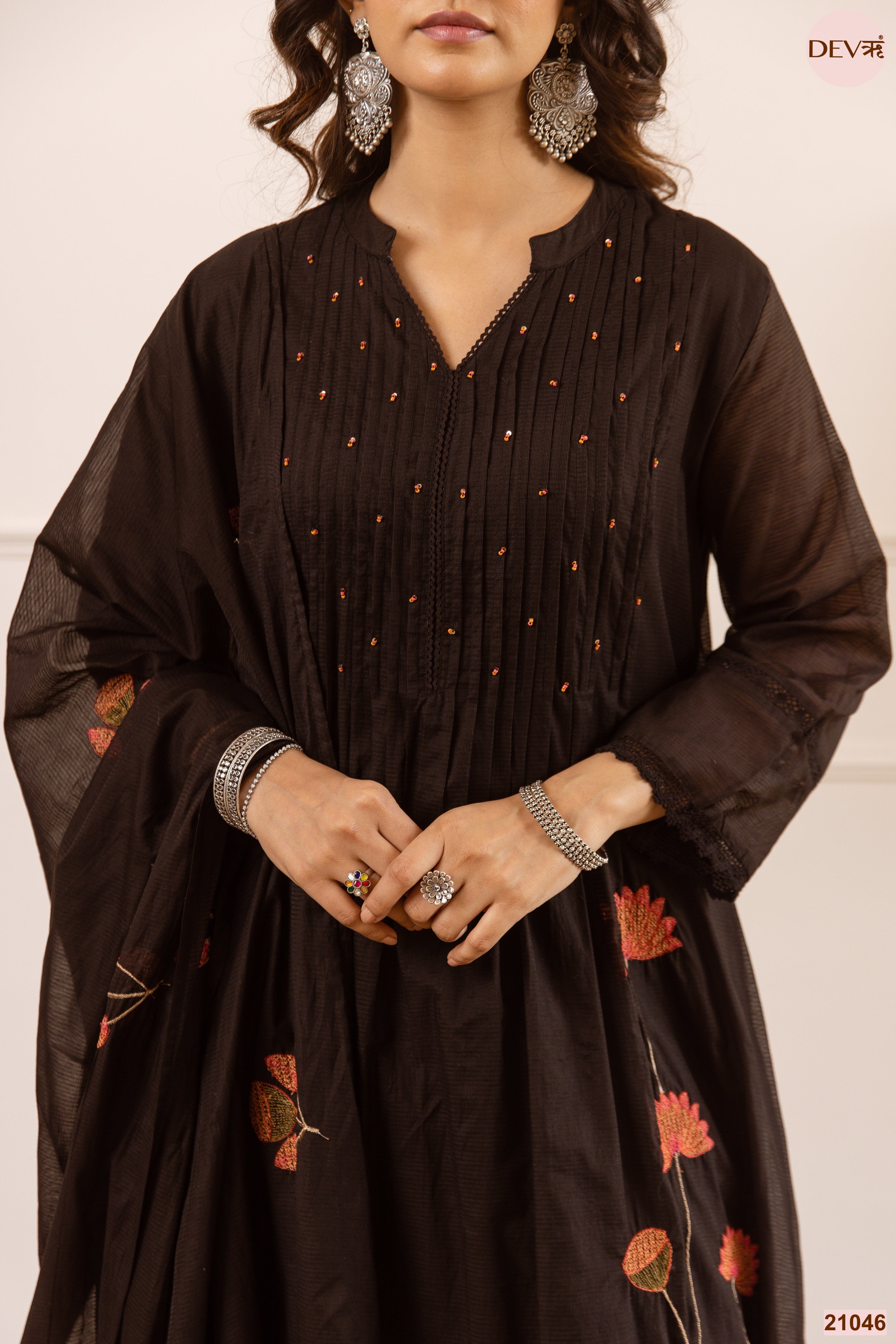 Noor Net Chanderi Embroidered Black 3-Piece Set (Devri – D.No 21046)