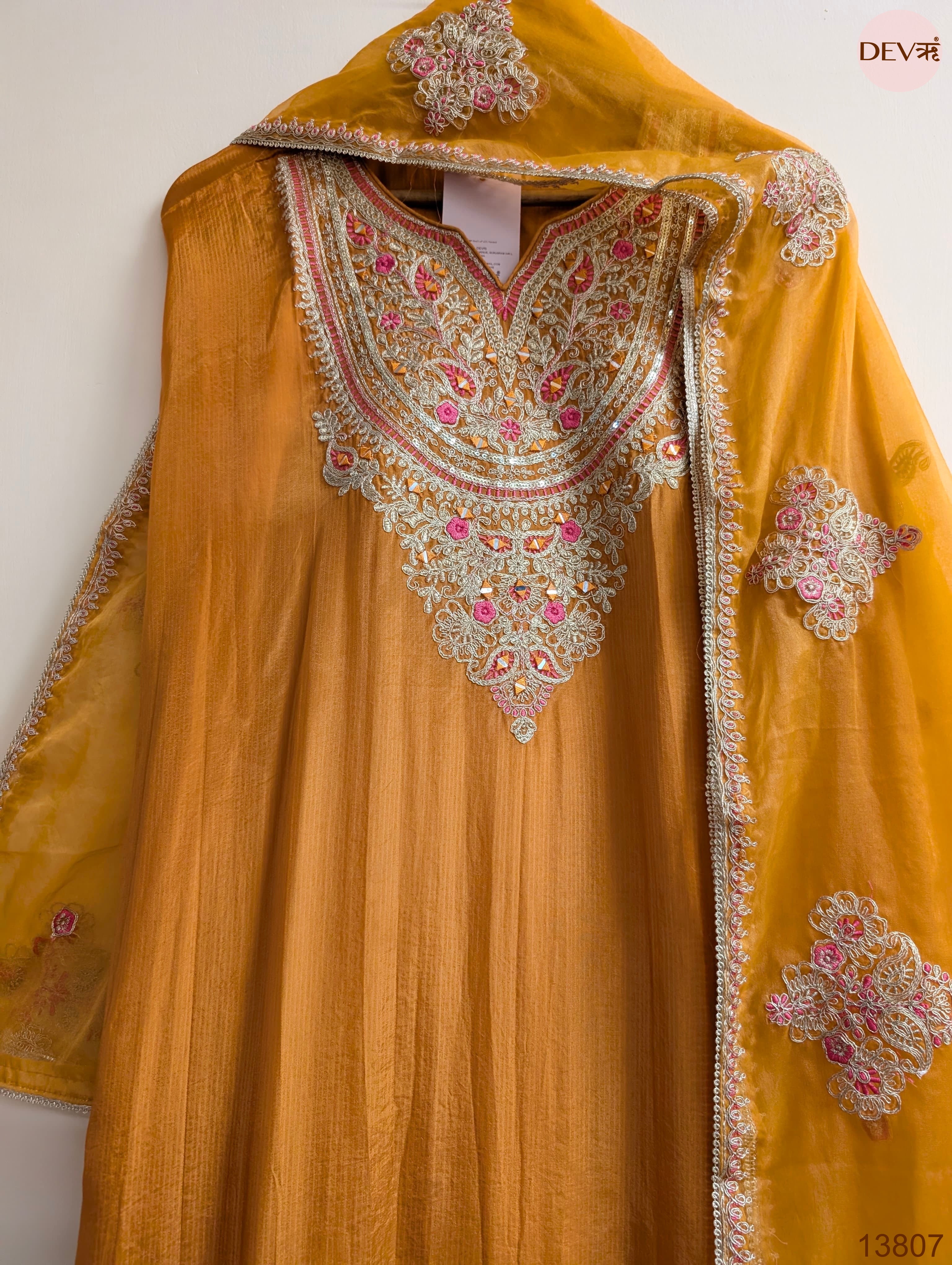 Mustard Tissue Organza Silk Embroidered Unstitched 3-Piece Suit (Devri – D.No 13807)