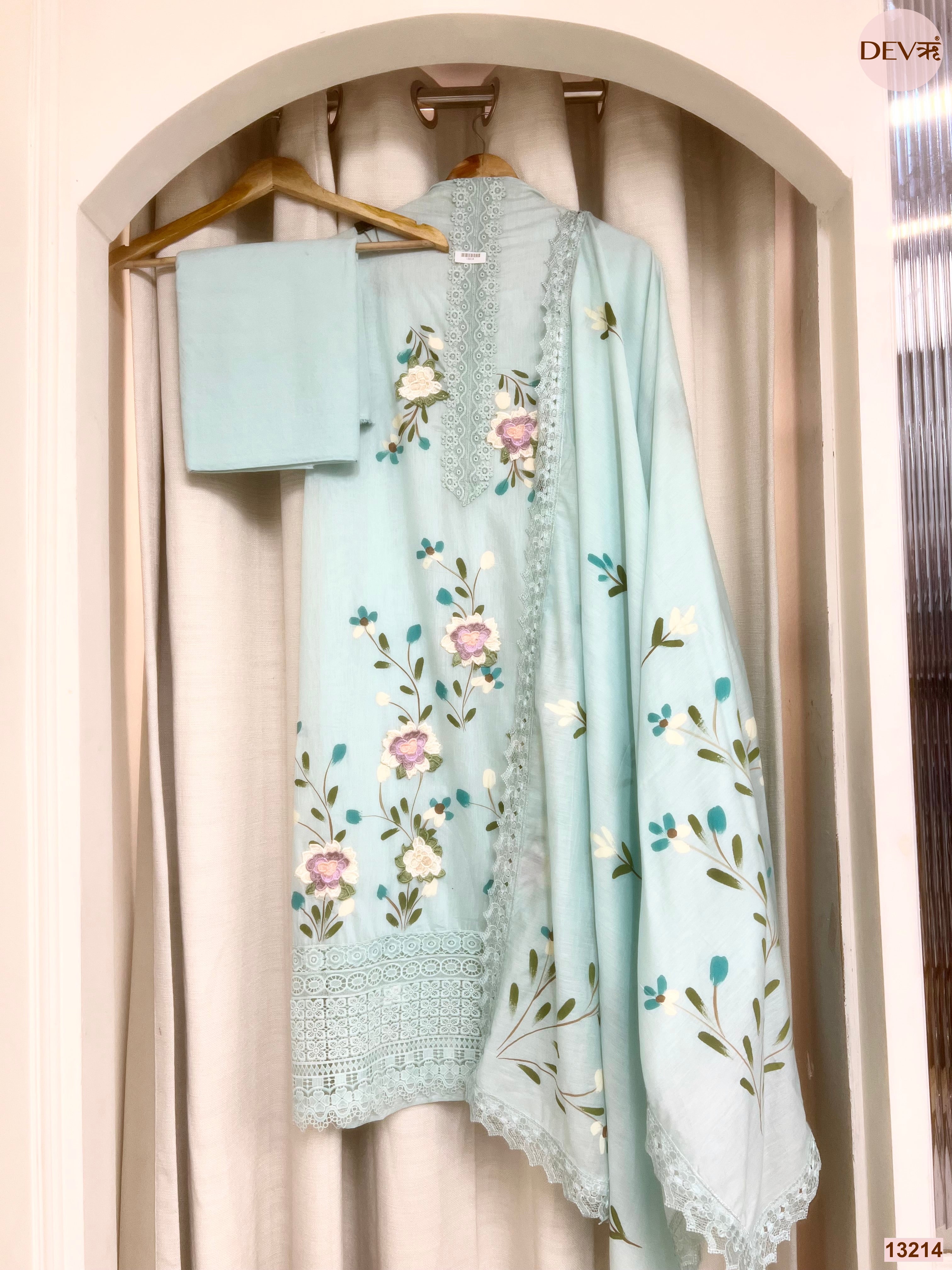 Blue Mul Chanderi Embroidered Unstitched 3-Piece Suit (Devri – D.No 13214)