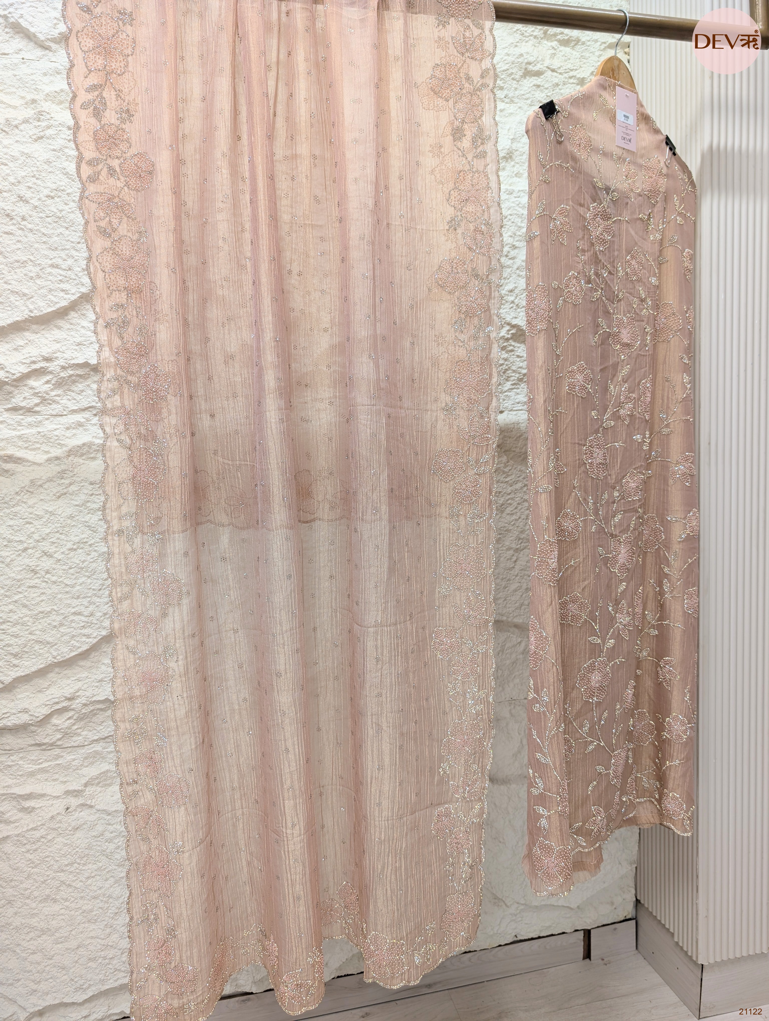 Peach Pure Tissue Crush Silk Embroidered Unstitched 3-Piece Suit (Devri – D.No 21122)