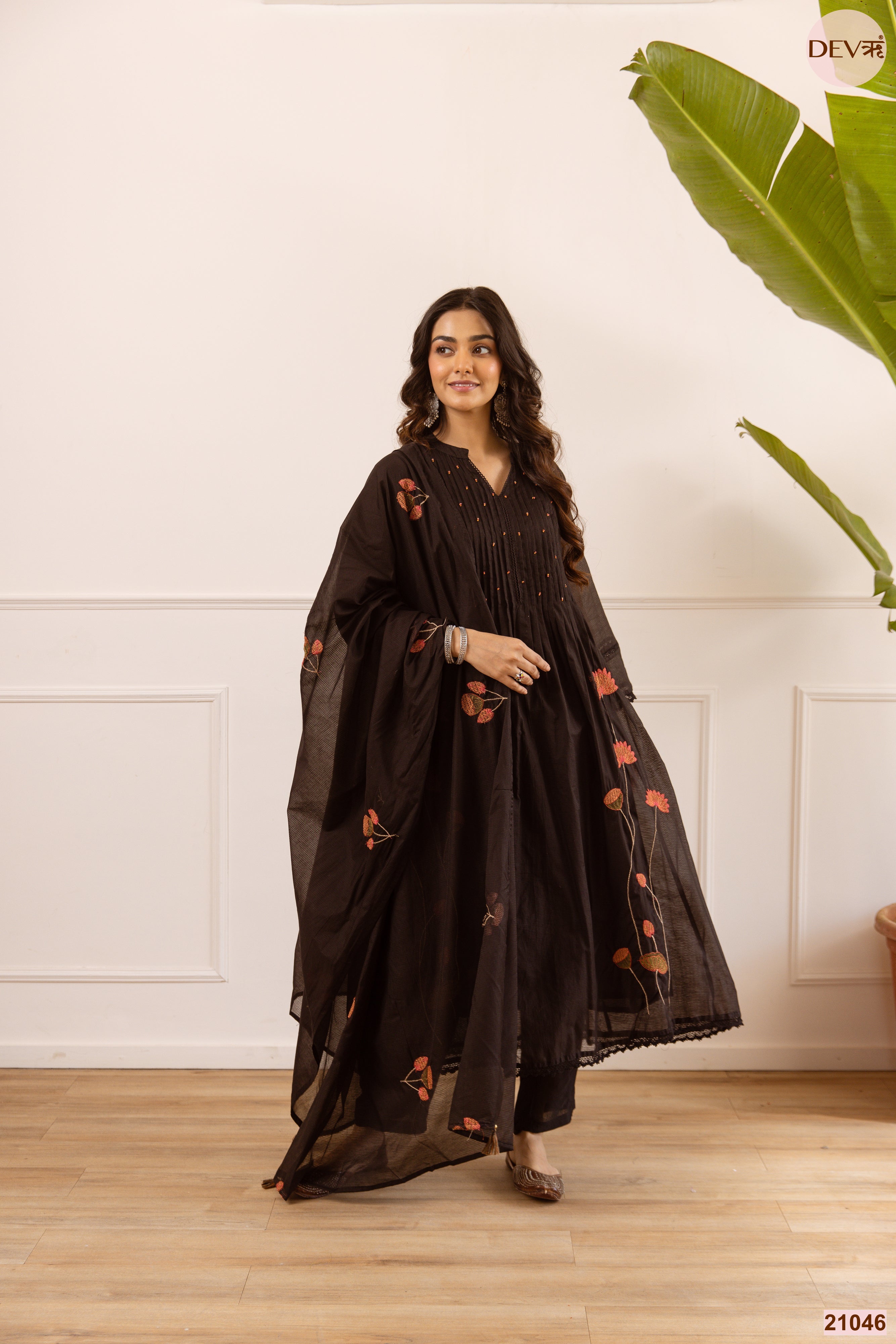 Noor Net Chanderi Embroidered Black 3-Piece Set (Devri – D.No 21046)