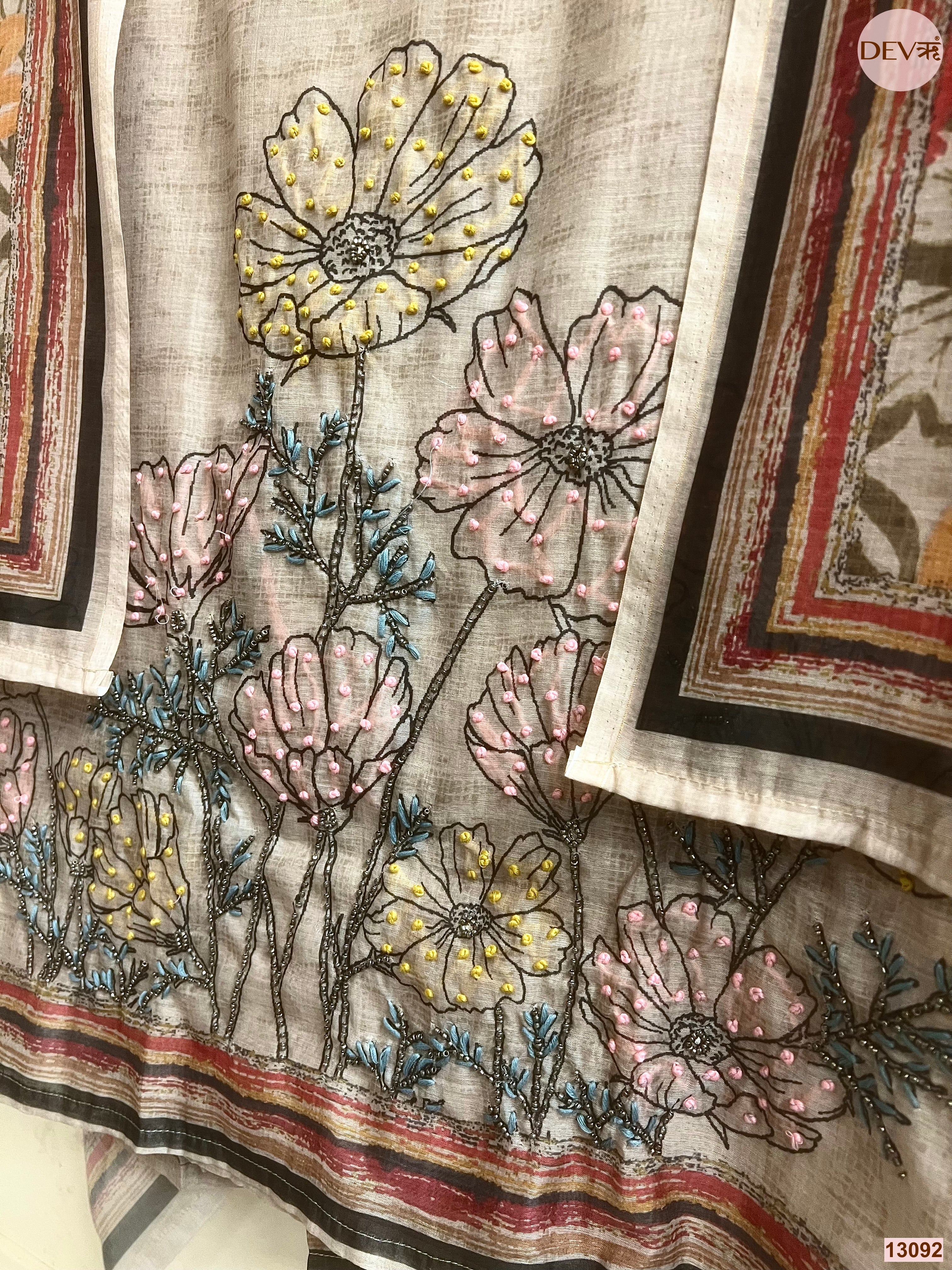 Beige Mul Chanderi Printed Unstitched 3-Piece Suit (Devri – D.No 13092)