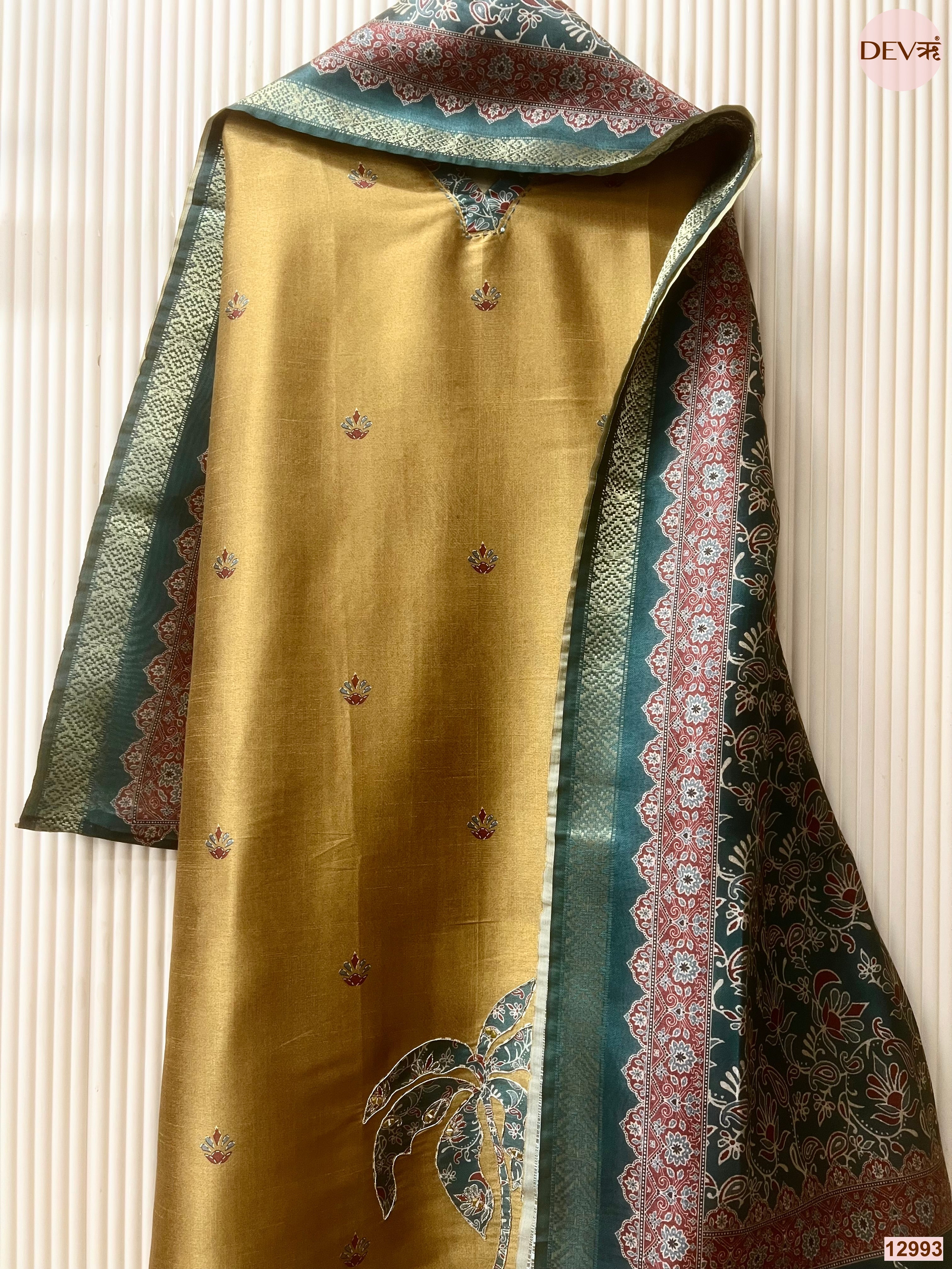 Mustard Raw Silk Printed Unstitched 3-Piece Suit (Devri – D.No 12993)