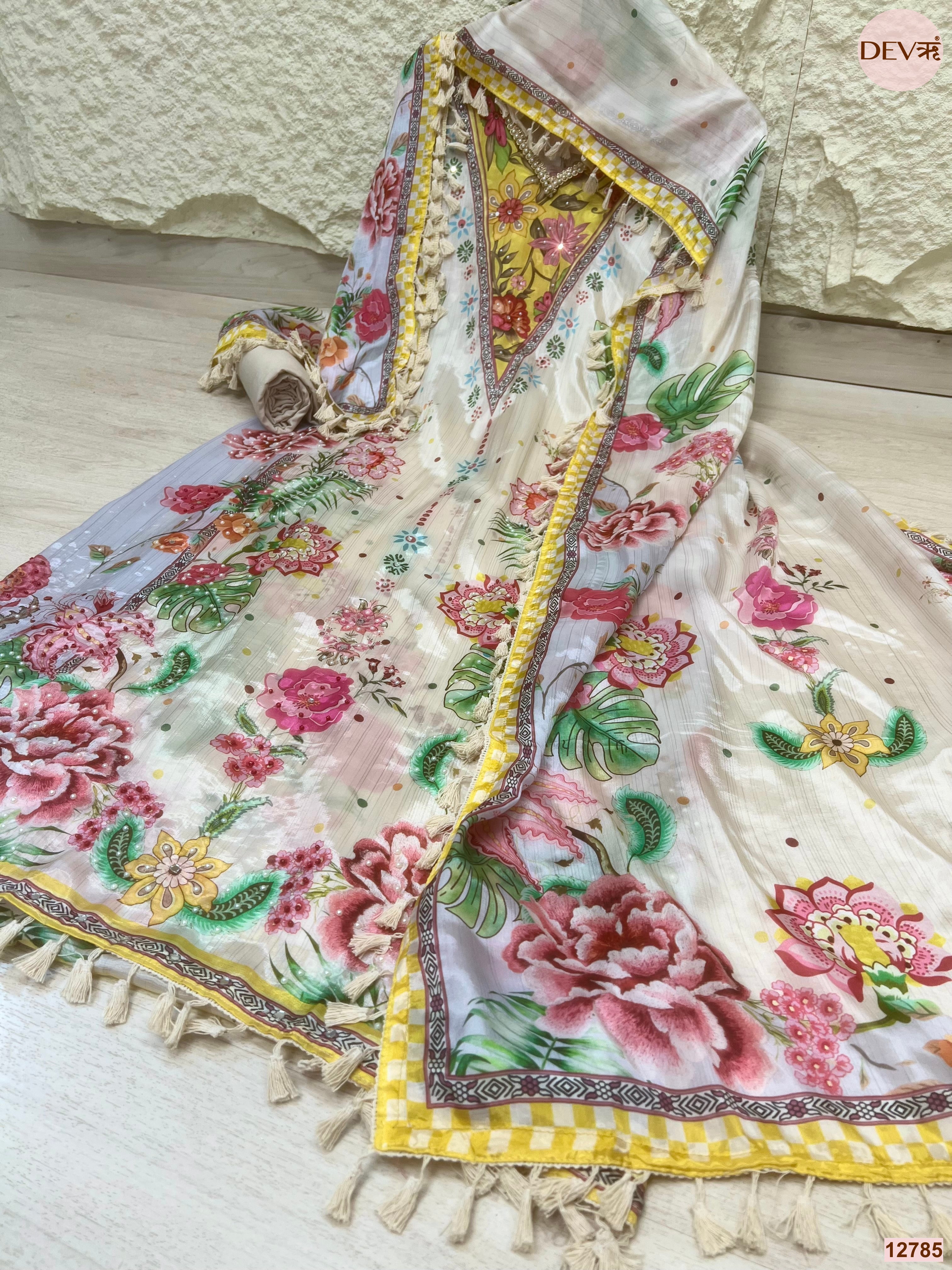 White organza Printed Unstitched 3-Piece Suit (Devri – D.No 12785)