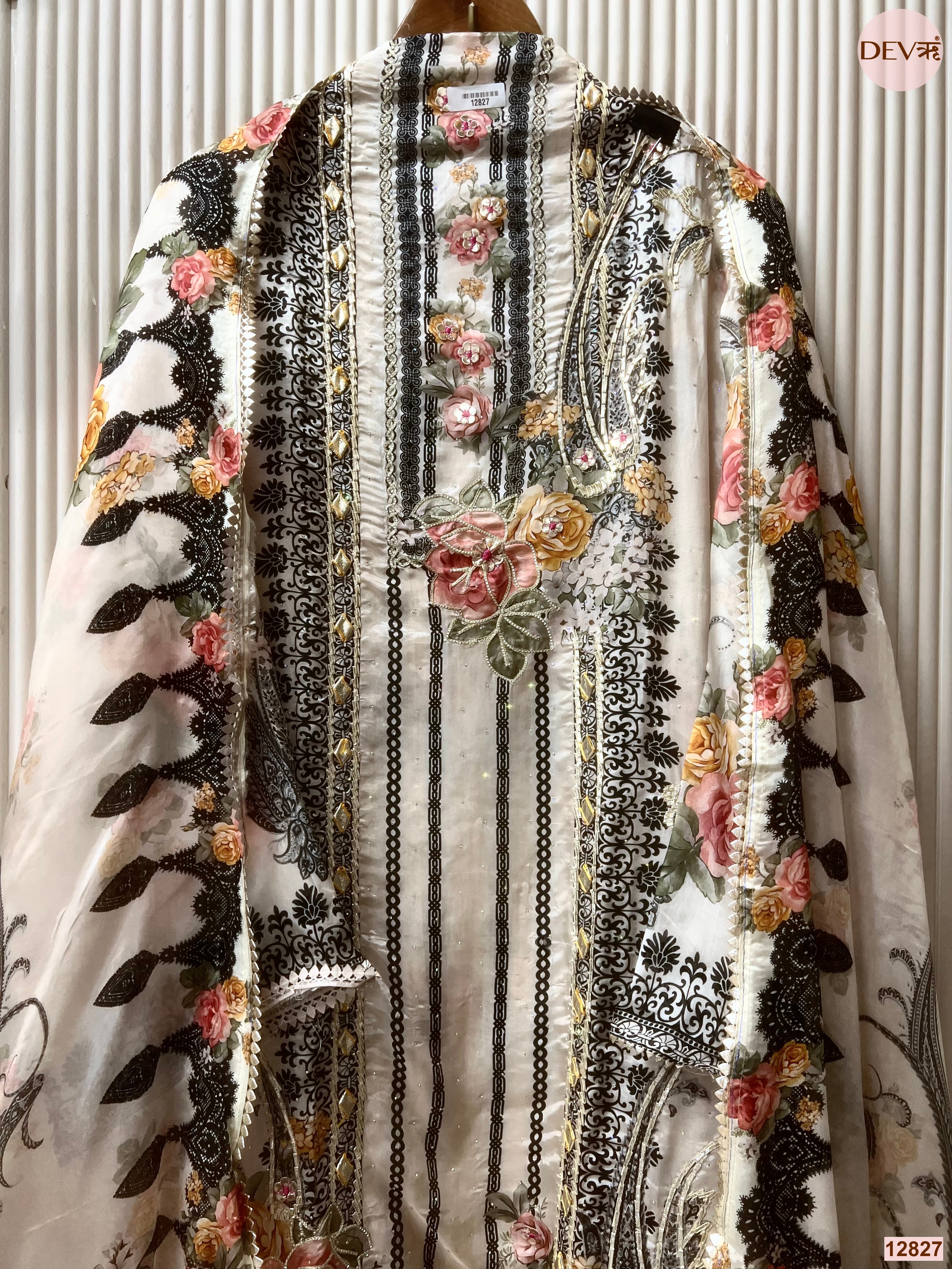 White Glass Organza Silk Printed Unstitched 3-Piece Suit (Devri – D.No 12827)