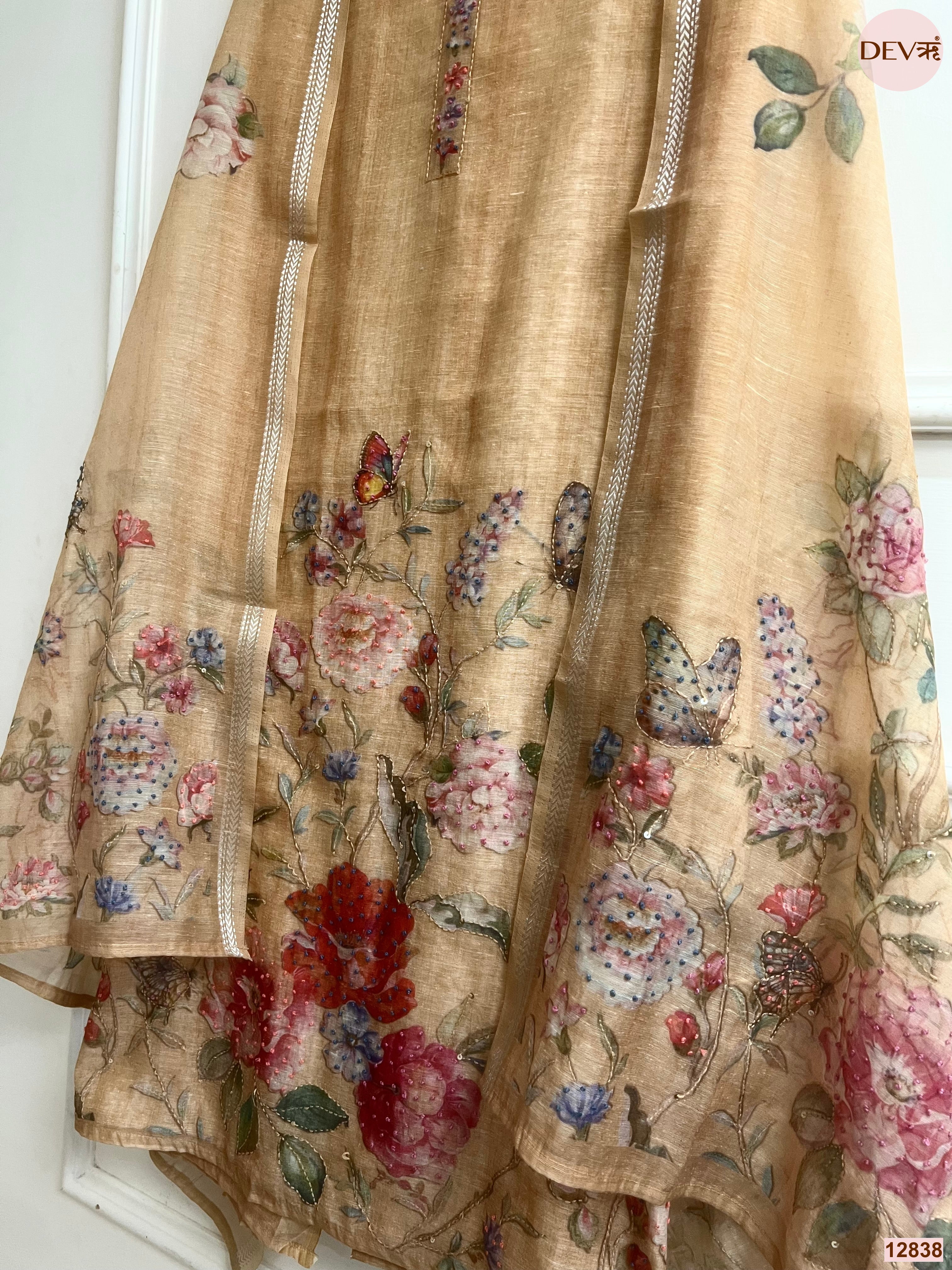 Beige Mul Chanderi Printed Unstitched 3-Piece Suit (Devri – D.No 12838)