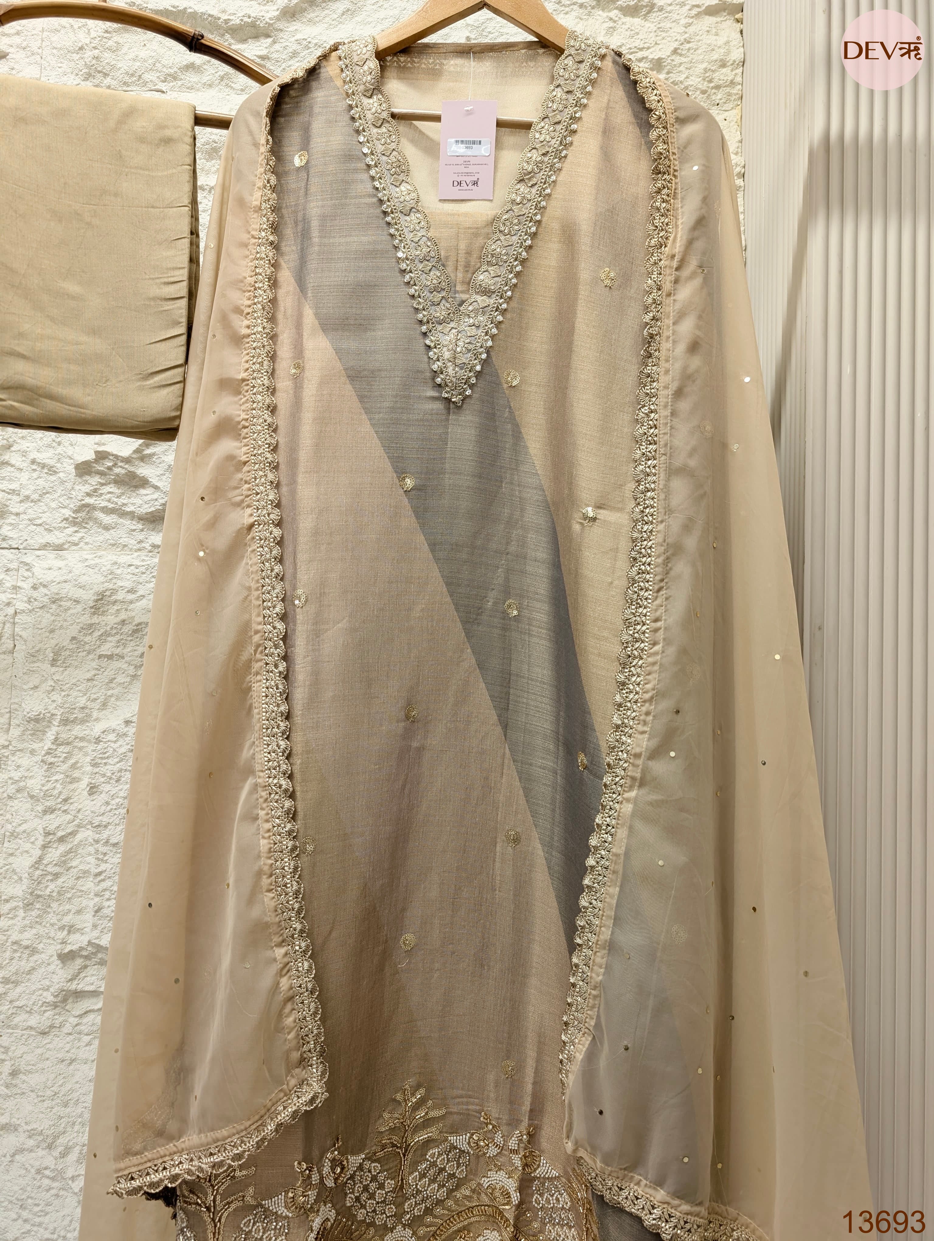 Beige Tissue Silk Embroidered Unstitched 3-Piece Suit (Devri – D.No 13693)