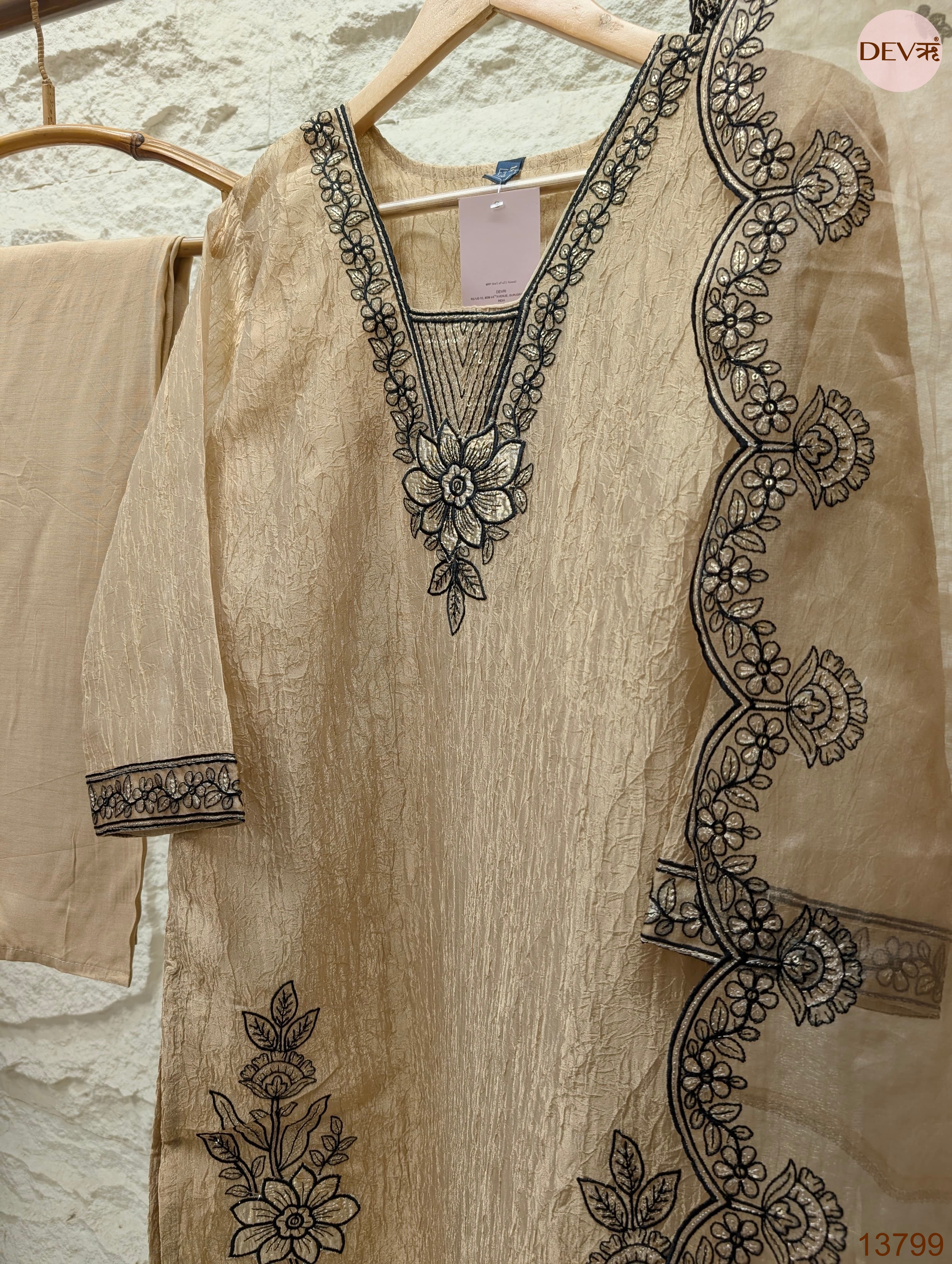 Gulnaar Tissue silk Embroidered Beige 3-Piece Set (Devri – D.No 13799)