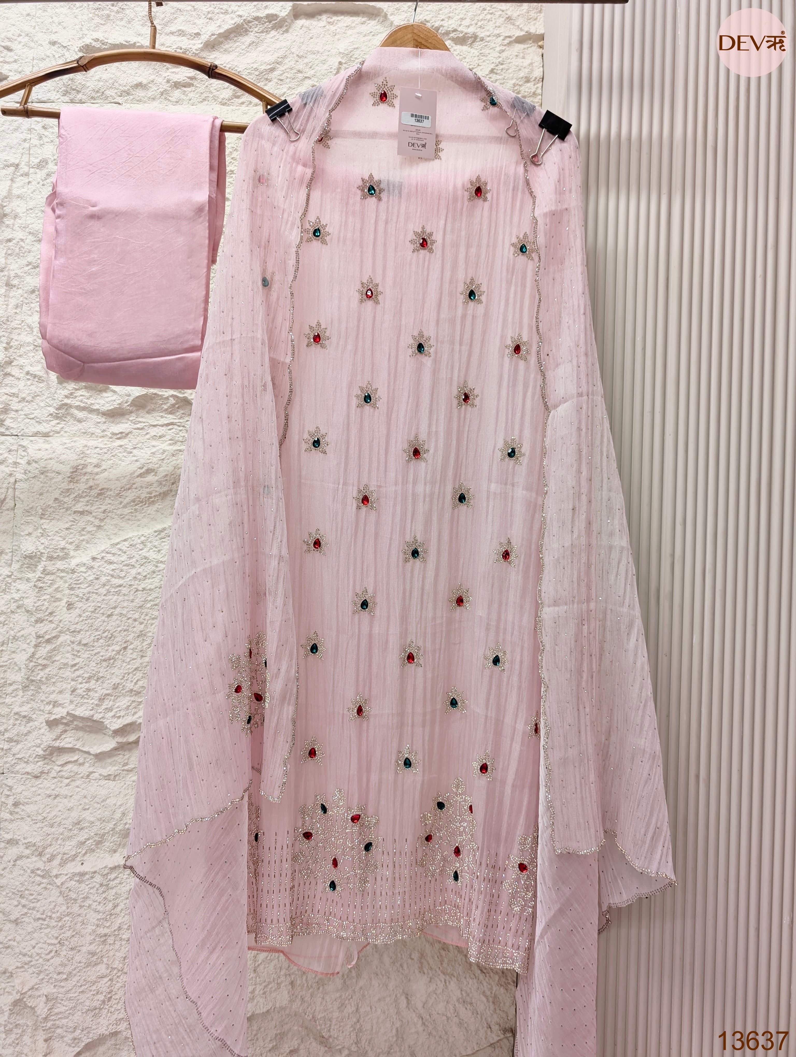 Pink Pure Organza Silk Embroidered Unstitched 3-Piece Suit (Devri – D.No 13637)
