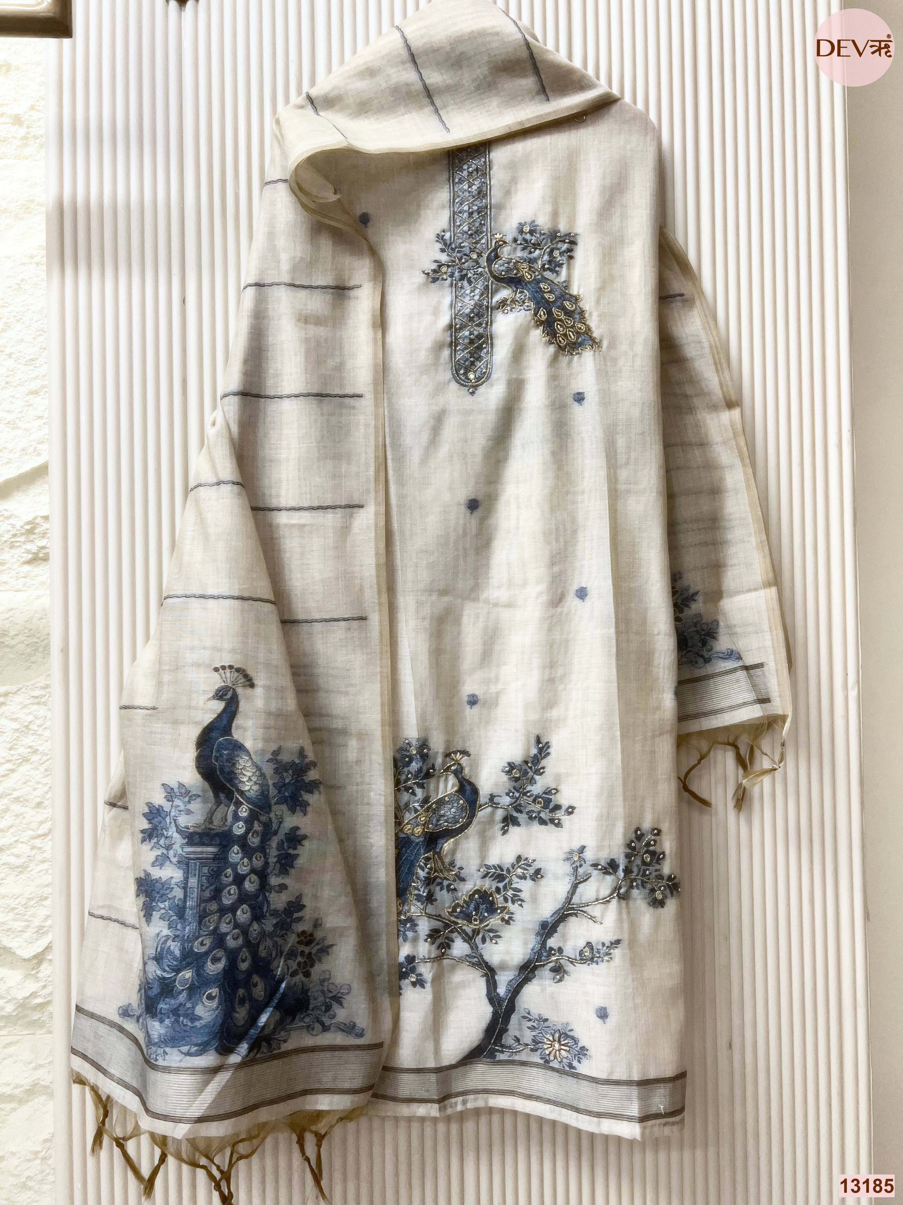 Cream Mul Chanderi Printed Unstitched 3-Piece Suit (Devri – D.No 13185)