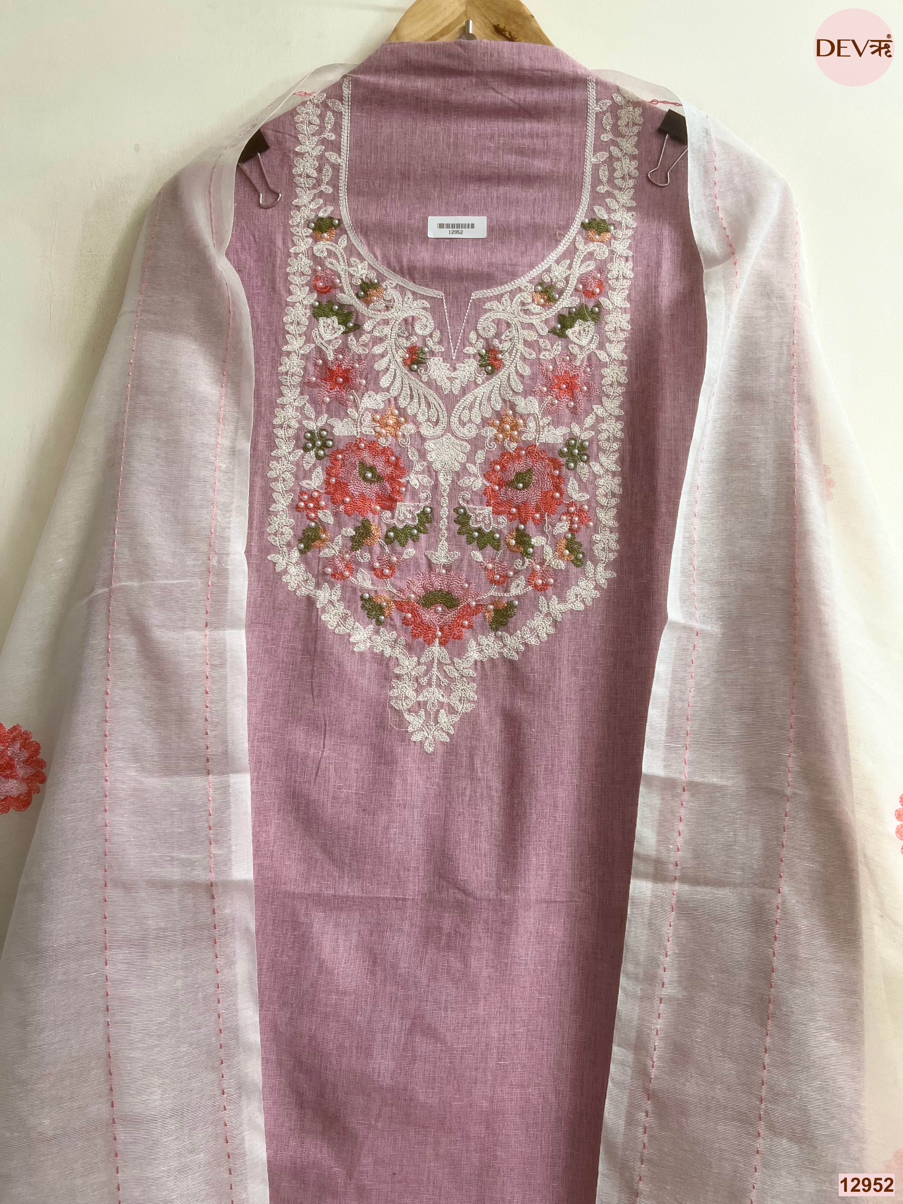 Pink Cotton Handloom Embroidered Unstitched 3-Piece Suit (Devri – D.No 12952)