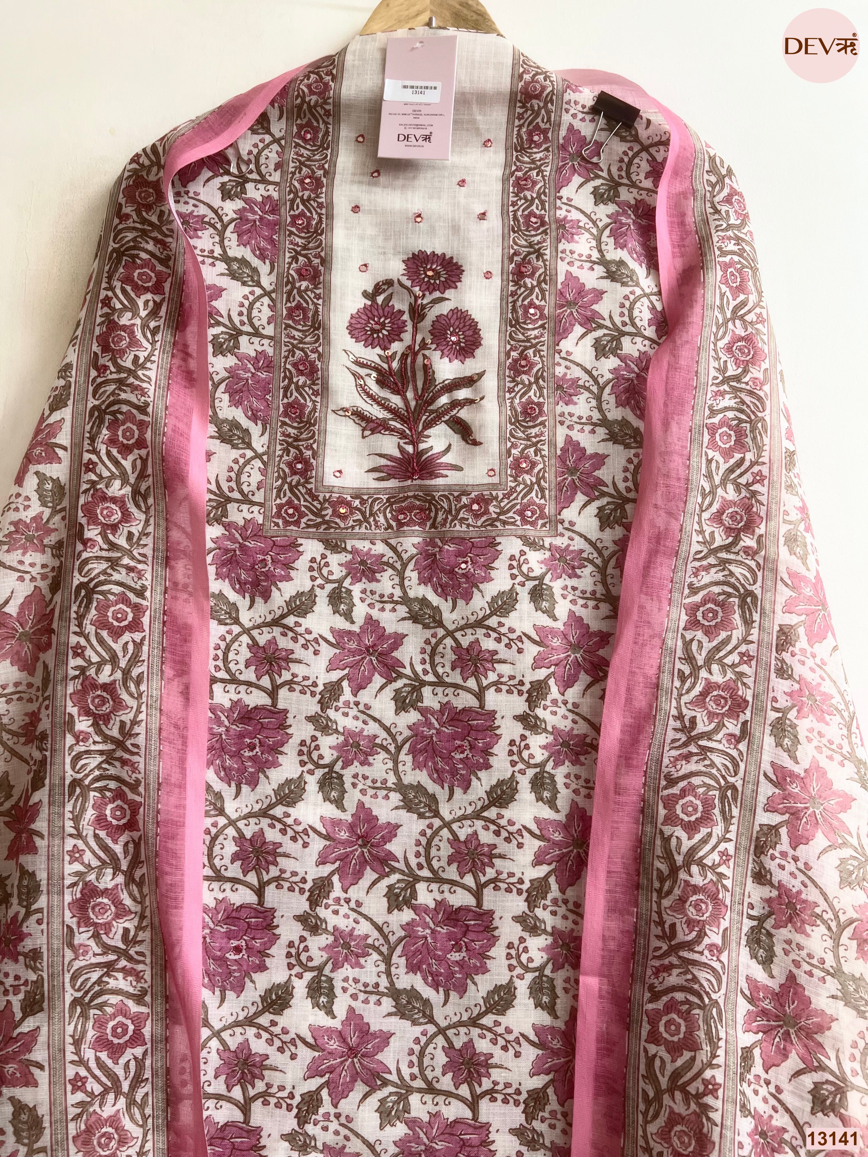 Pink Linen Printed Unstitched 3-Piece Suit (Devri – D.No 13141)