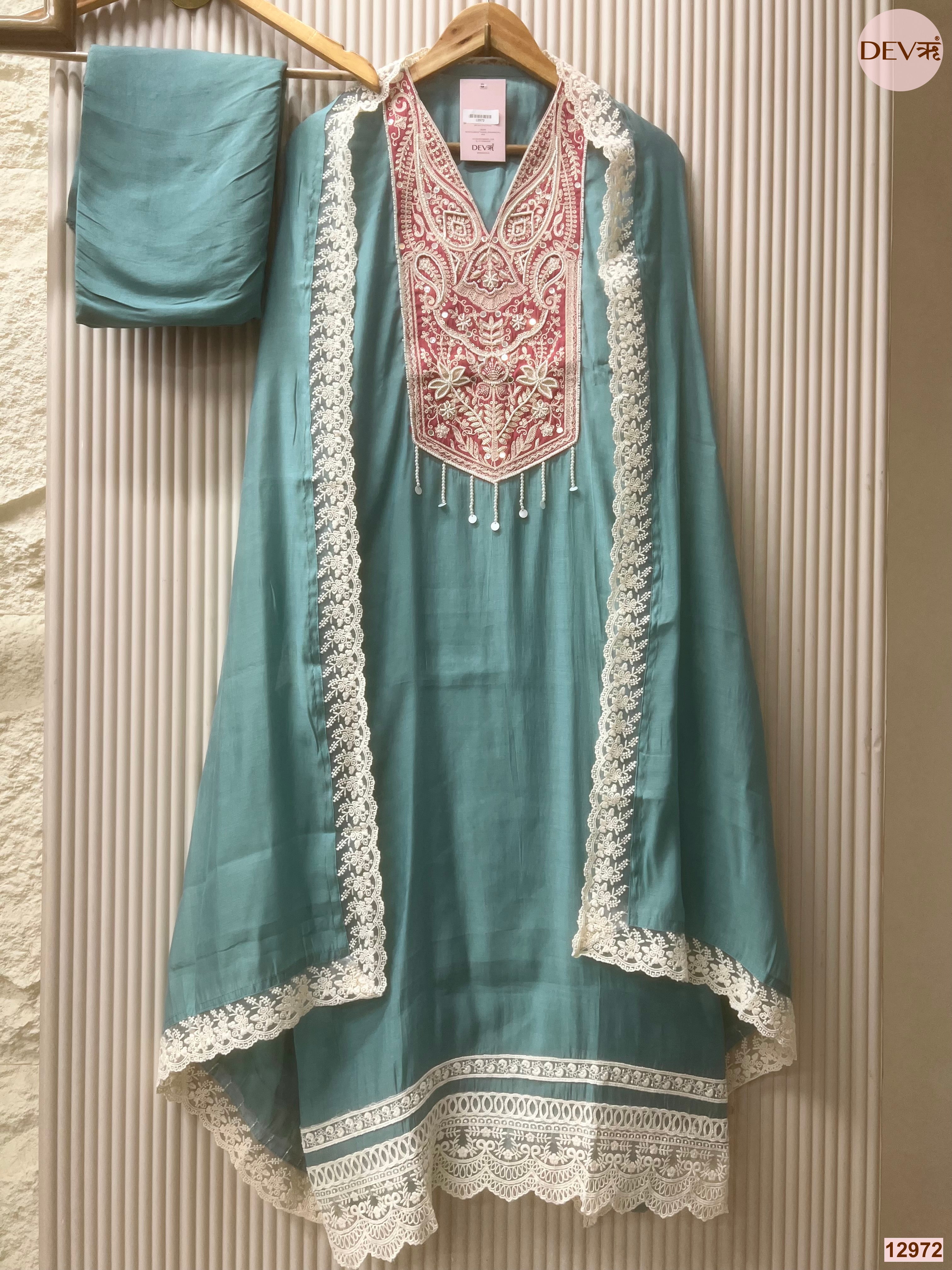 Teal Mul Chanderi Embroidered Unstitched 3-Piece Suit (Devri – D.No 12972)